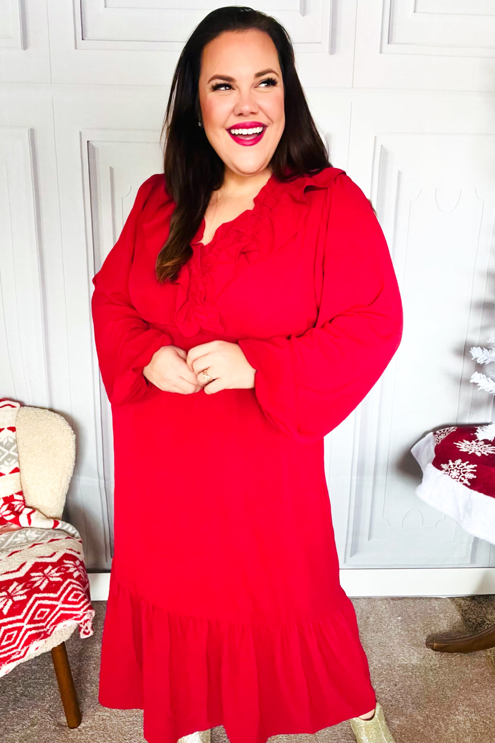 Elegant Holiday Red Overlap Ruffle V-Neck Midi Dress for Women | Christmas Party, Cocktail Event & Special Occasion Outfit