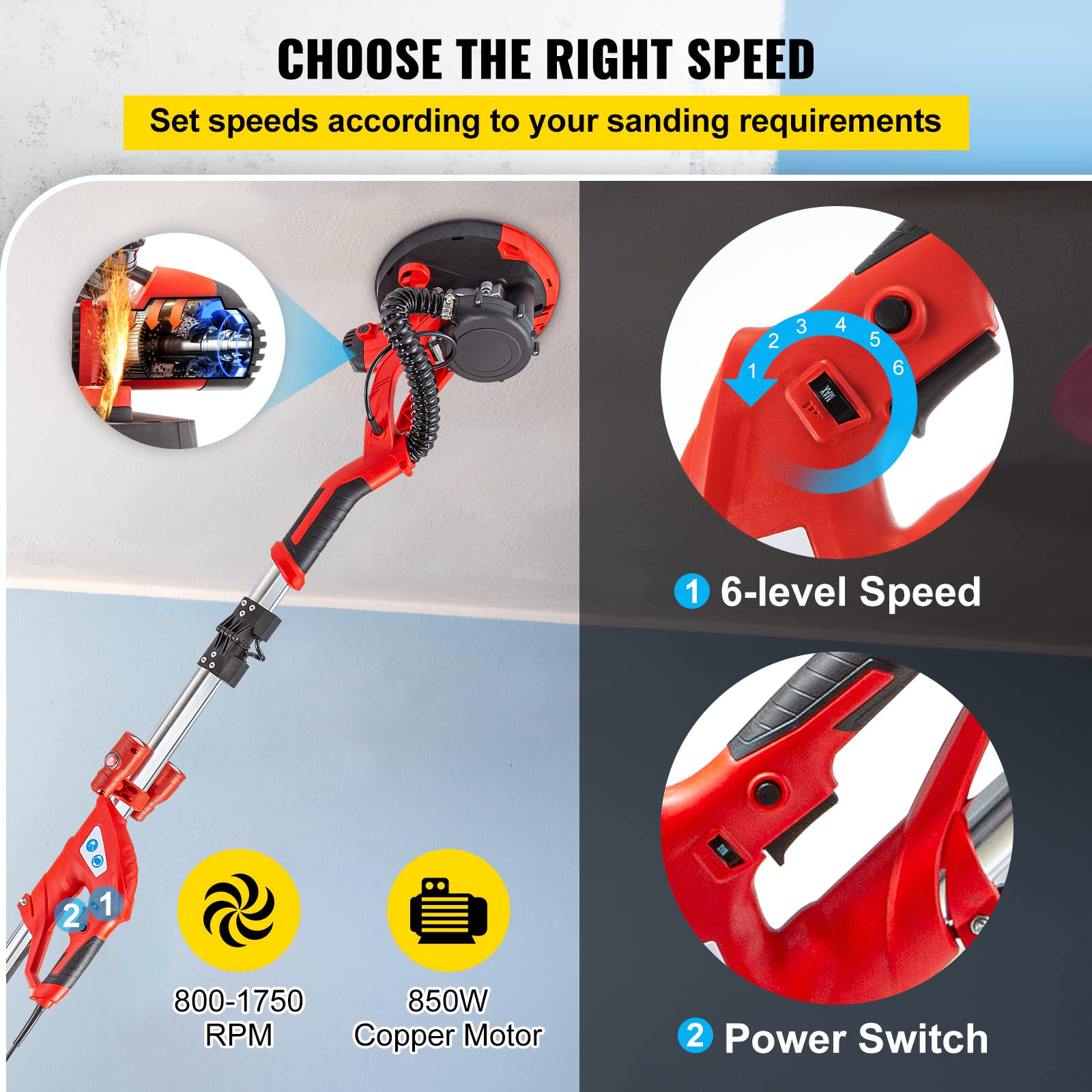 Mophorn 850W Electric Drywall Sander with Telescopic Handle, Variable Speed 800-1750RPM, LED Light & Vacuum Bag - 6 Sand Pads Included for Smooth Wall Finishing | Perfect for Home Renovation, Drywall Repair, and Professional Construction Projects