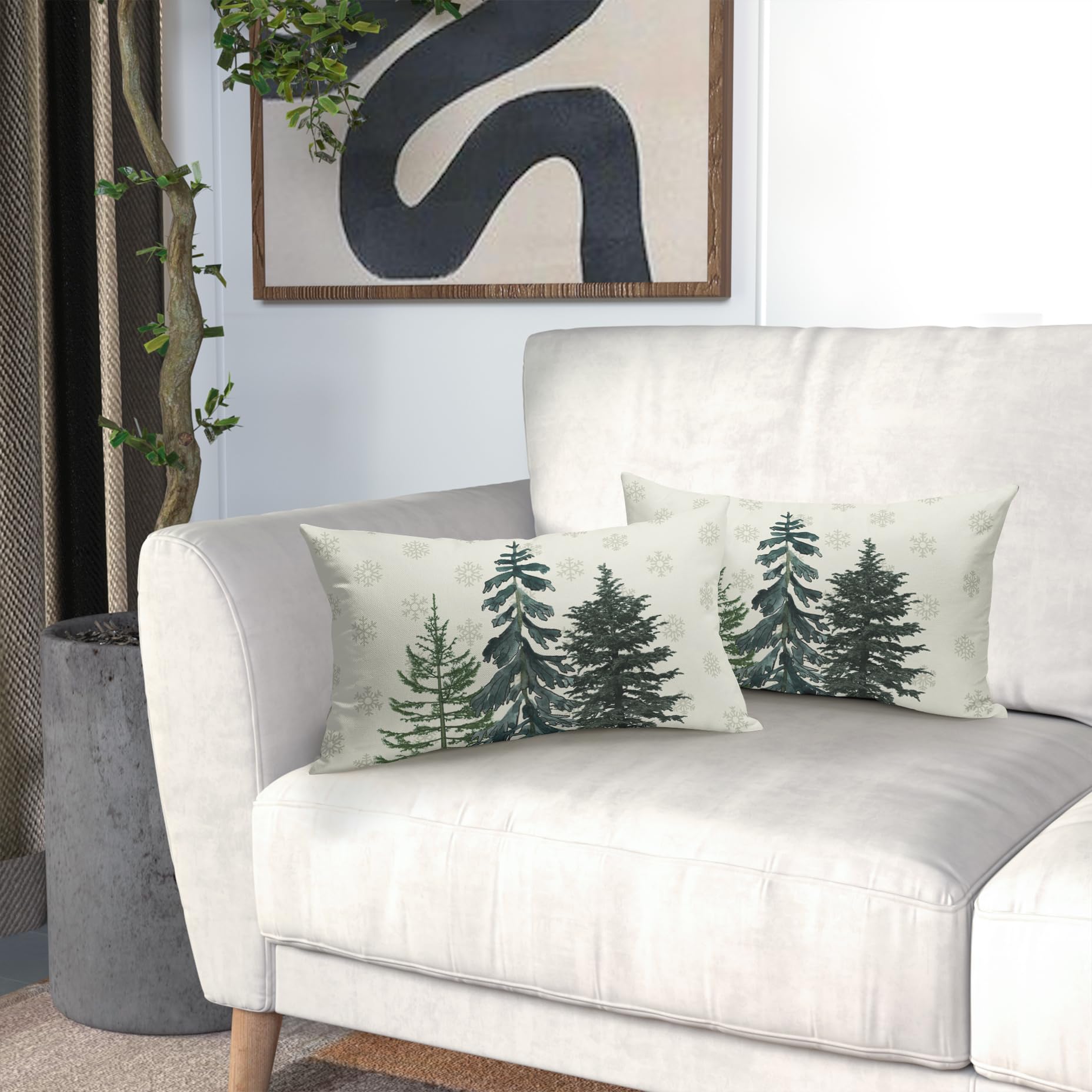 12x20 Inch White Christmas Tree Snowflake Lumbar Pillow Covers - Set of 2 Cotton Linen Decorative Cushion Cases for Sofa, Couch & Outdoor Winter Holiday Farmhouse Decor | Perfect for Living Room, Bedroom & Seasonal Home Styling