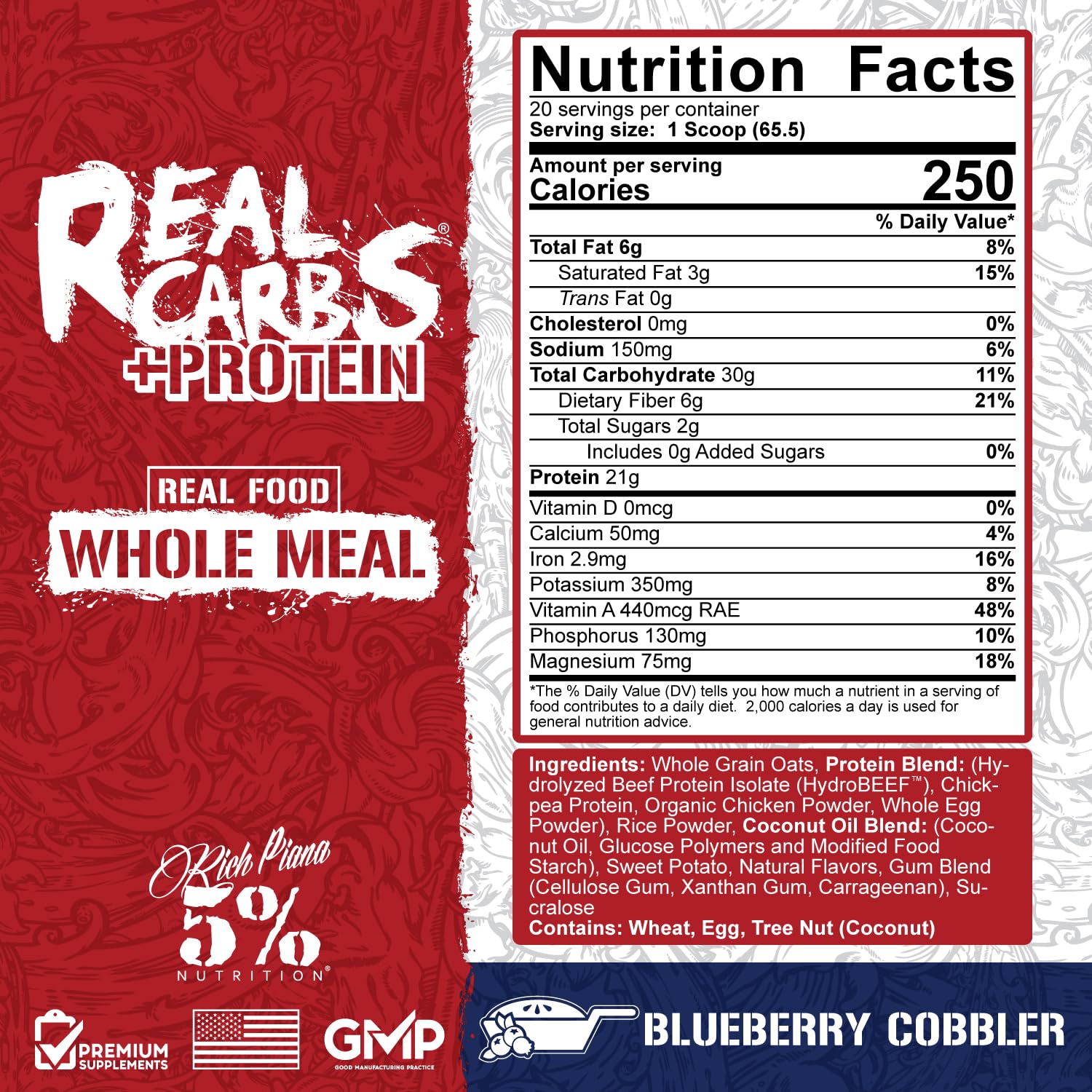 5% Nutrition Rich Piana Real Carbs + Protein Powder - 2.89lb Clean Mass Gainer with Real Food Carbohydrates for Muscle Growth | Pre Workout & Post-Workout Recovery Shake | Blueberry Cobbler Flavor | Ideal for Gym, Bodybuilding & Fitness Enthusiasts