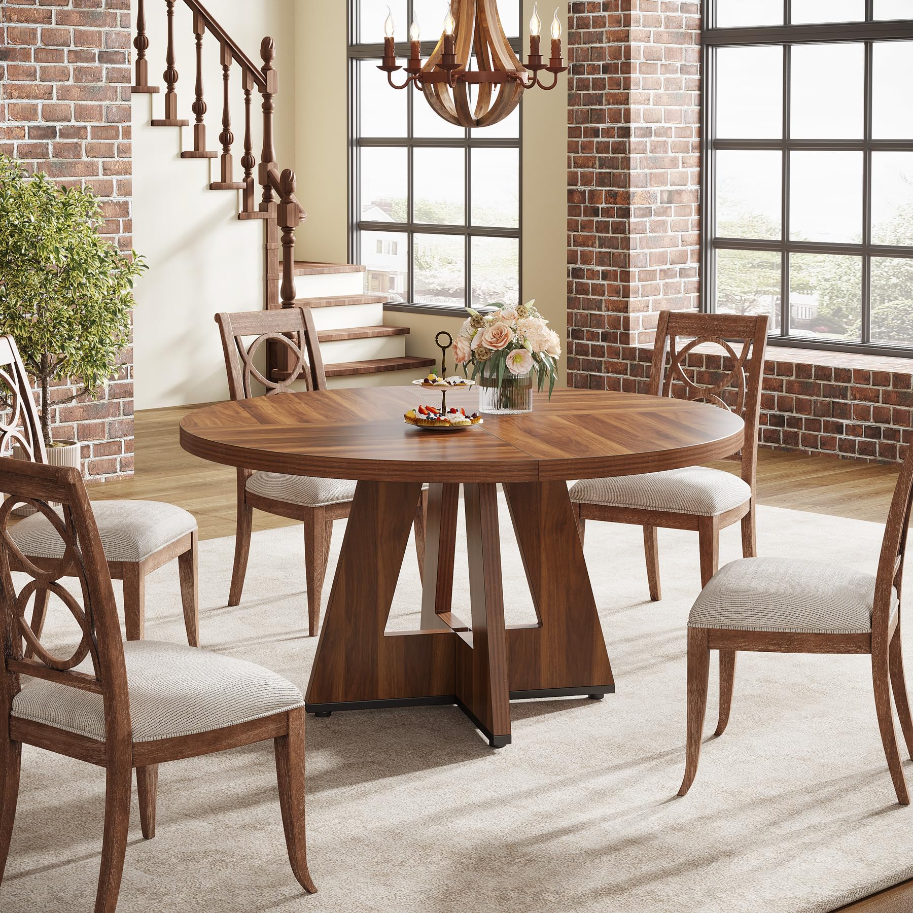 Tribesigns 47 Inch Round Farmhouse Dining Table - Rustic Brown Wooden Dinner Table for 4, Perfect for Home Dining Room & Living Room | Durable Walnut Finish for Family Gatherings & Entertaining Guests