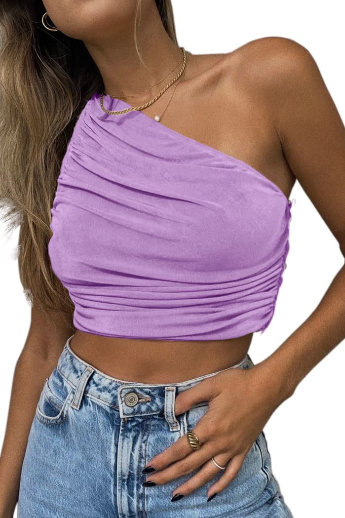 CHYRII Women's Sexy Sparkly One Shoulder Crop Top - Sleeveless Ruched Tank Top for Club, Party & Night Out | Summer Fashion & Casual Wear