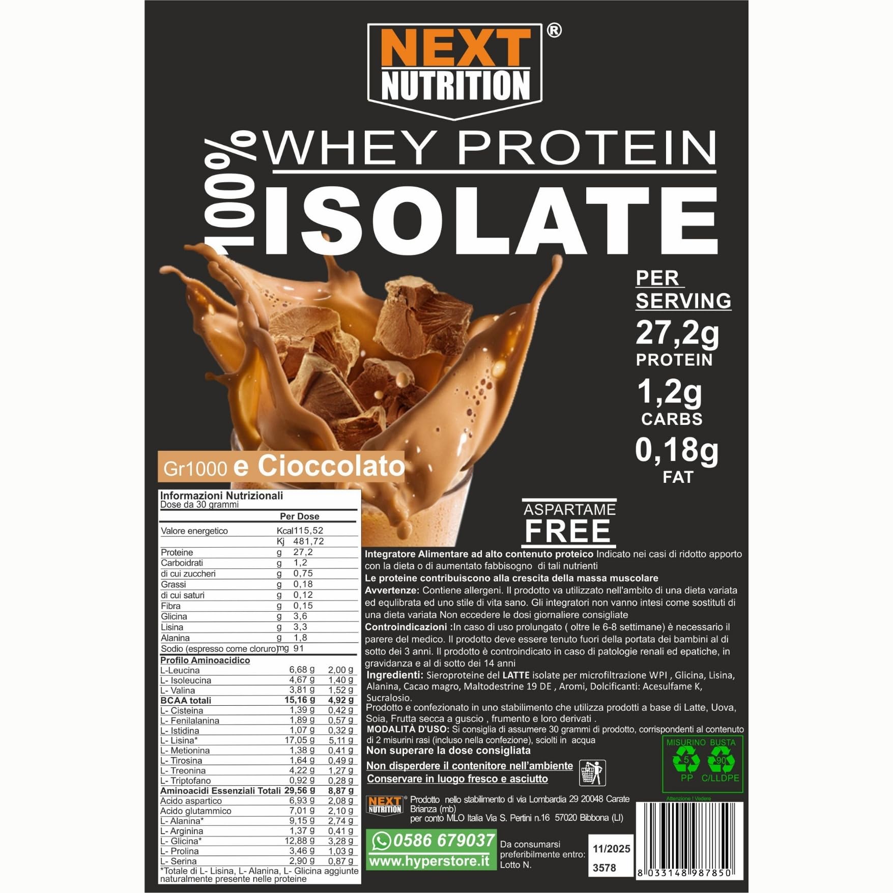 100% Whey Protein Isolate Powder - 90% Protein, Low Fat (0.18g) & Low Carb (1.2g) per Serving - Italian Made Muscle Recovery Supplement - Ideal for Post-Workout, Weight Loss & Fitness Goals