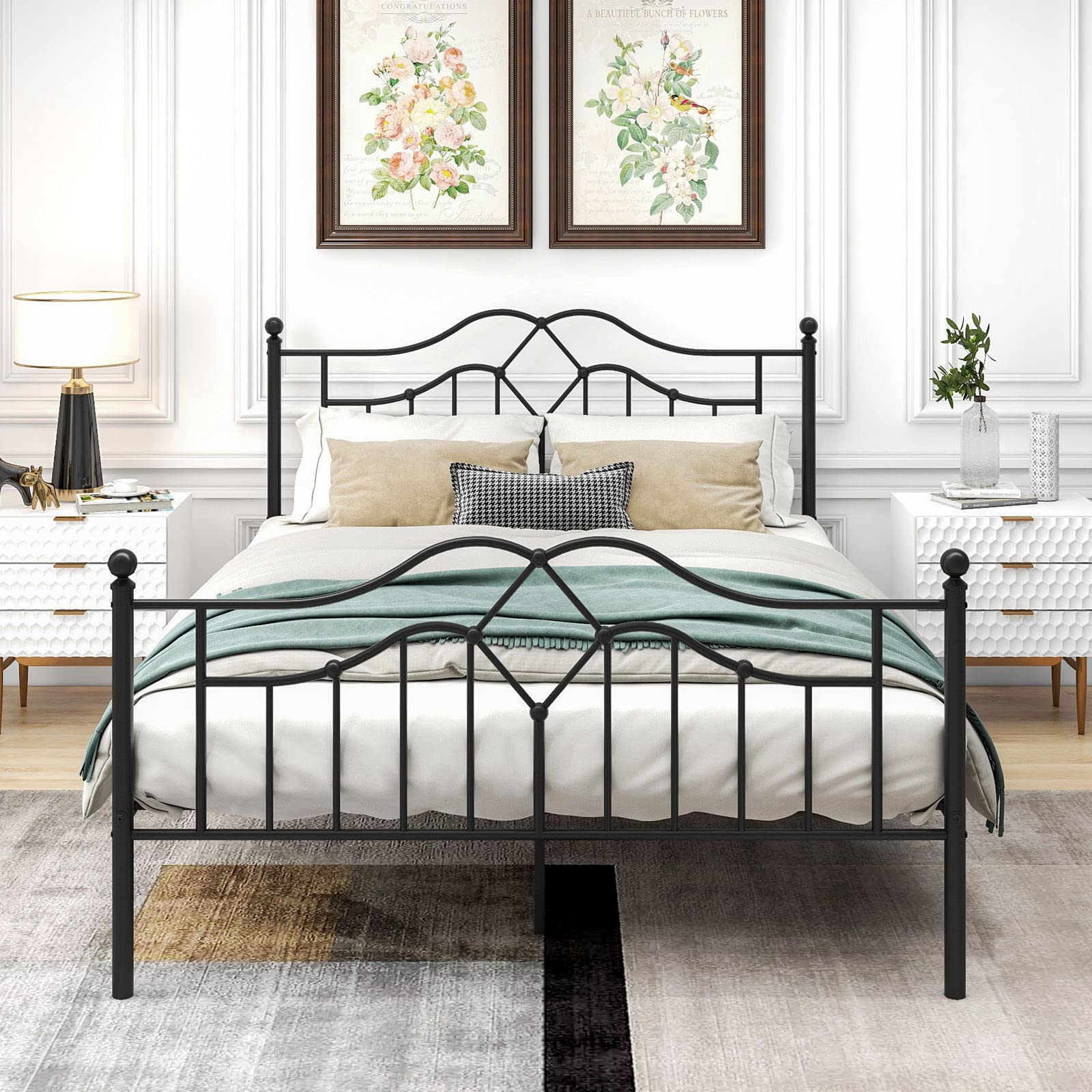 Queen Size Metal Platform Bed Frame with Headboard & Footboard - No Box Spring Needed, 12.4