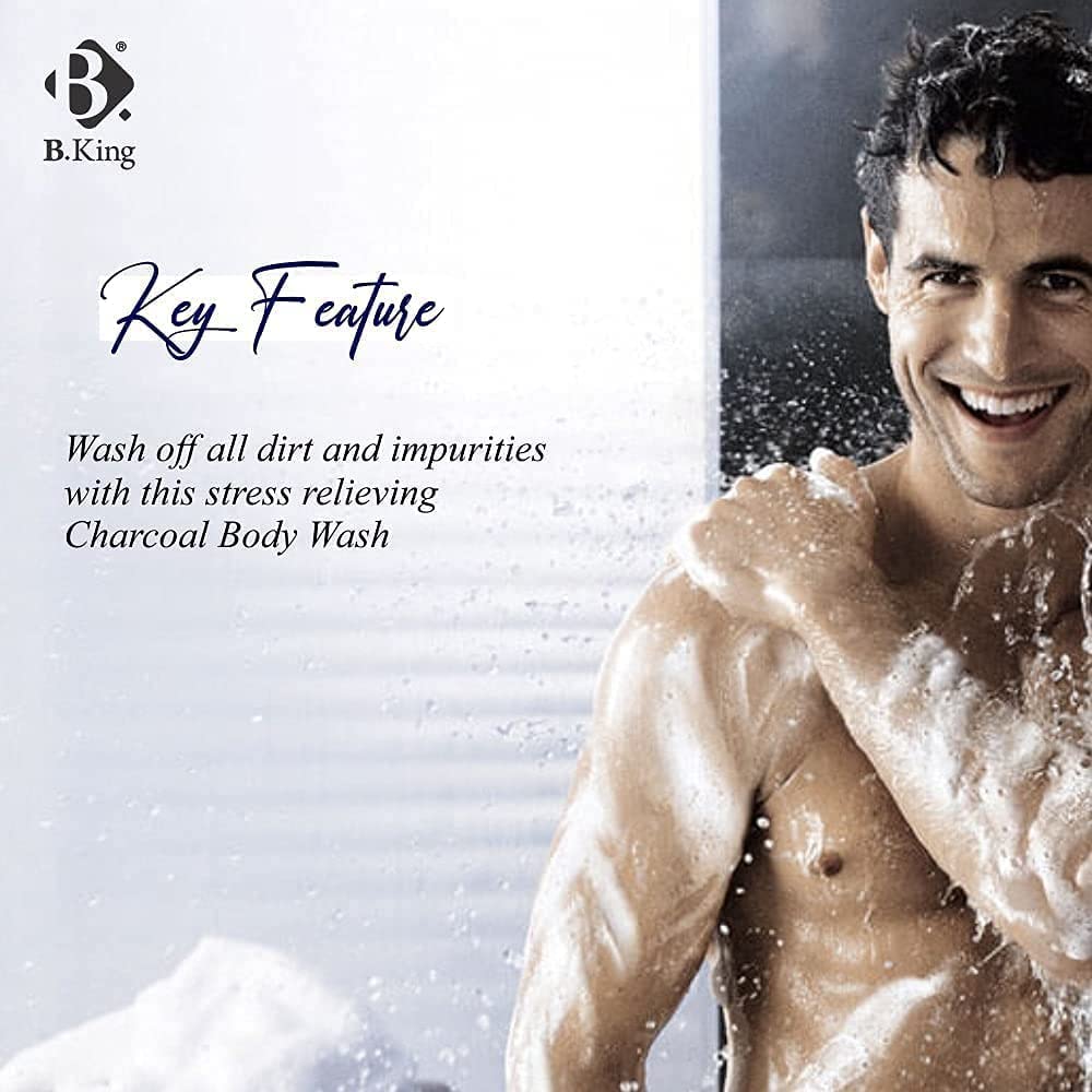 Beauty Relay London B King Charcoal Anti Stress Body Wash for Men - Activated Charcoal Deep Cleansing Body Wash with Cinnamon Oil, Aloe Vera, Argan Oil, Mulberry, Vitamin E & Lemon Oil | Skin Detox & Anti-Pollution | 200ml (Buy 1 Get 1 Free) | Perfect for Gym, Travel & Daily Shower Routine