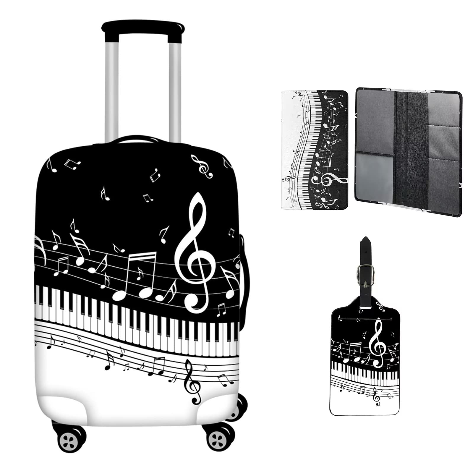 Music Note Print Luggage Cover Set with Passport Holder & Luggage Tag - Elastic Zippered Suitcase Protector for Travel (Anti-Scratch, Durable) - Perfect for Airplane, Cruise & Business Trips