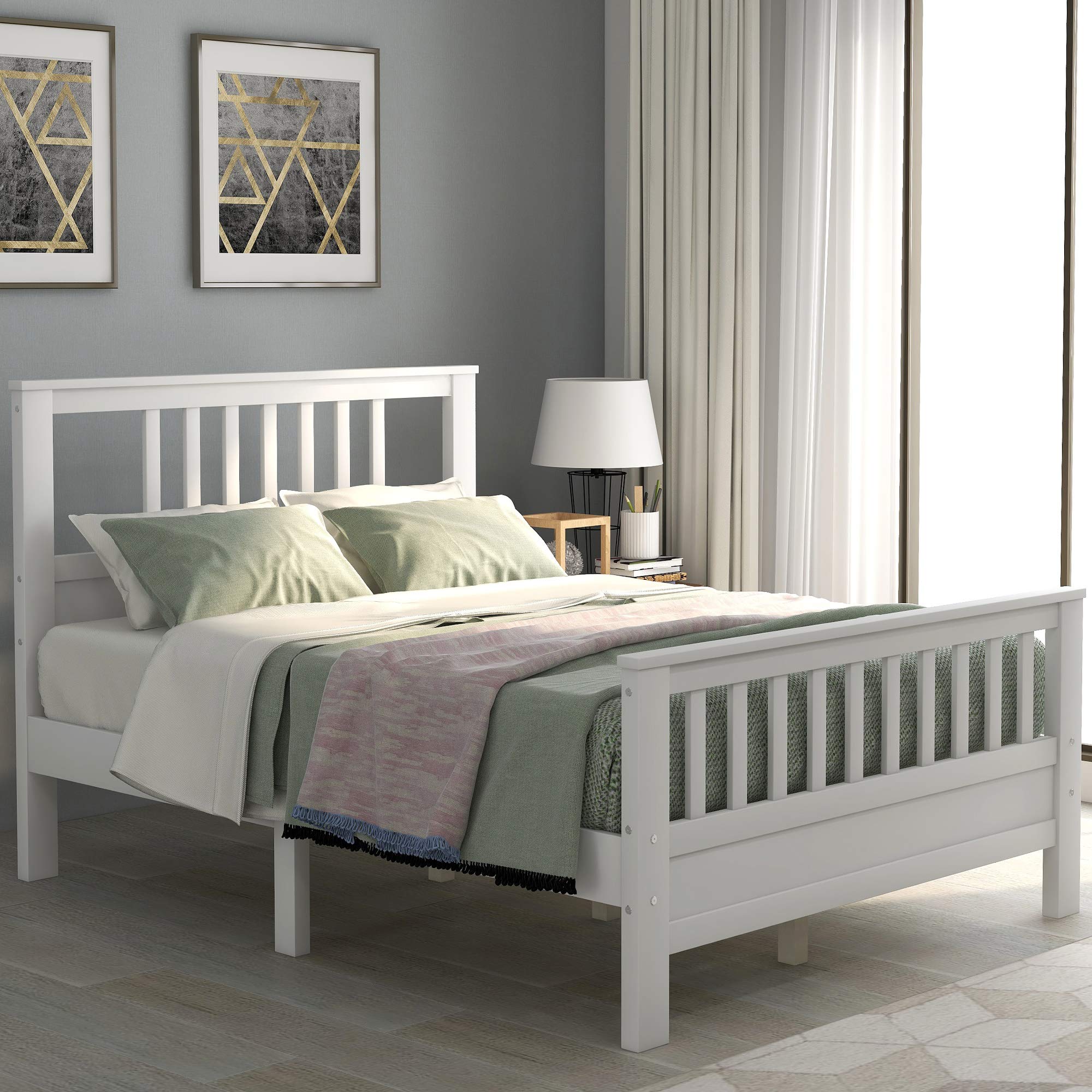 Polibi Full Size Wooden Platform Bed Frame with Headboard & Footboard - Sturdy Center Support & Wood Slats - No Box Spring Needed - White - Perfect for Modern Bedrooms & Guest Rooms