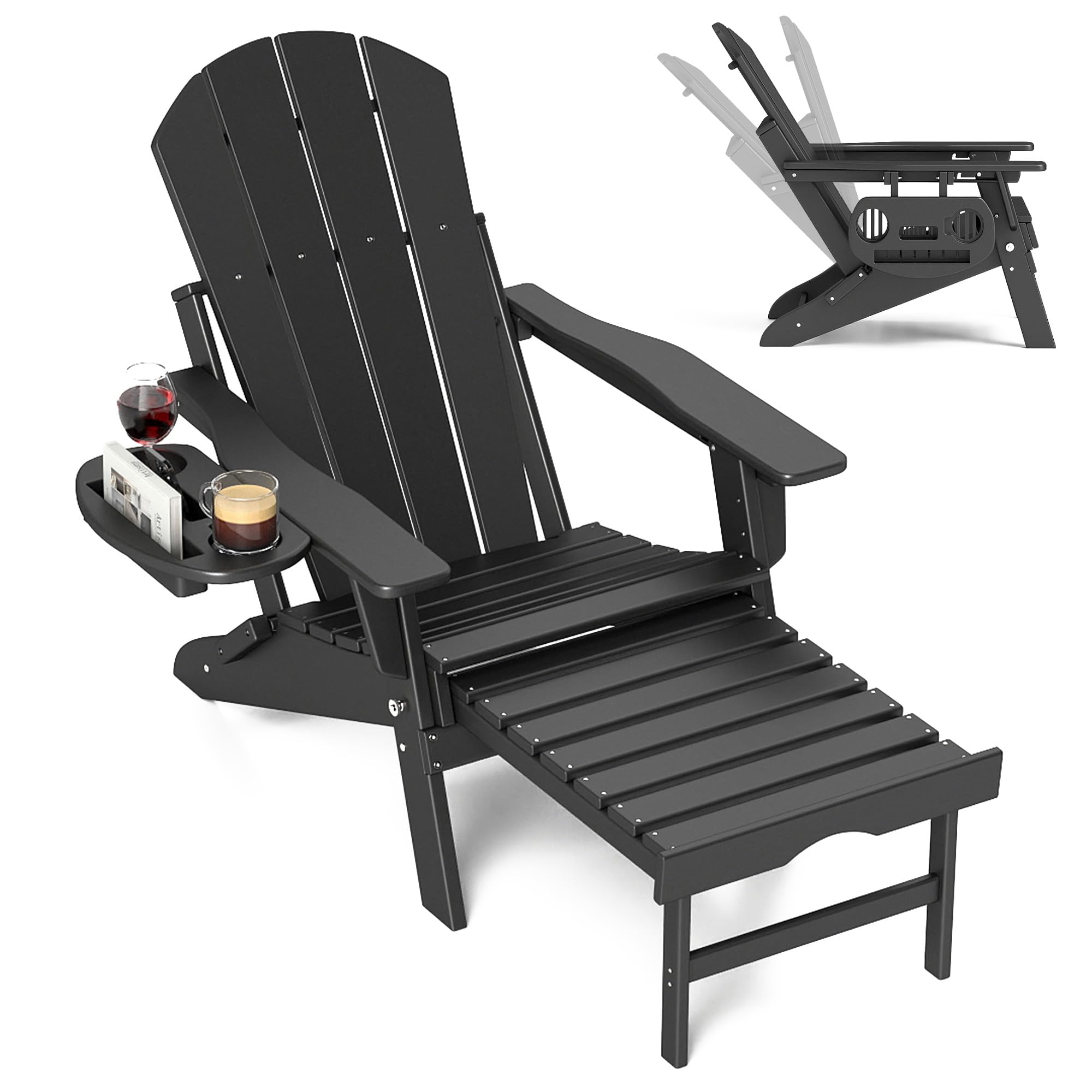 FOOWIN HDPE Folding Adirondack Chair with Retractable Ottoman - 4-in-1 Cup Holder & Adjustable Backrest - All-Weather Resistant Oversized Outdoor Patio Chair for Backyard, Garden, Poolside & Camping Fire Pit Relaxation