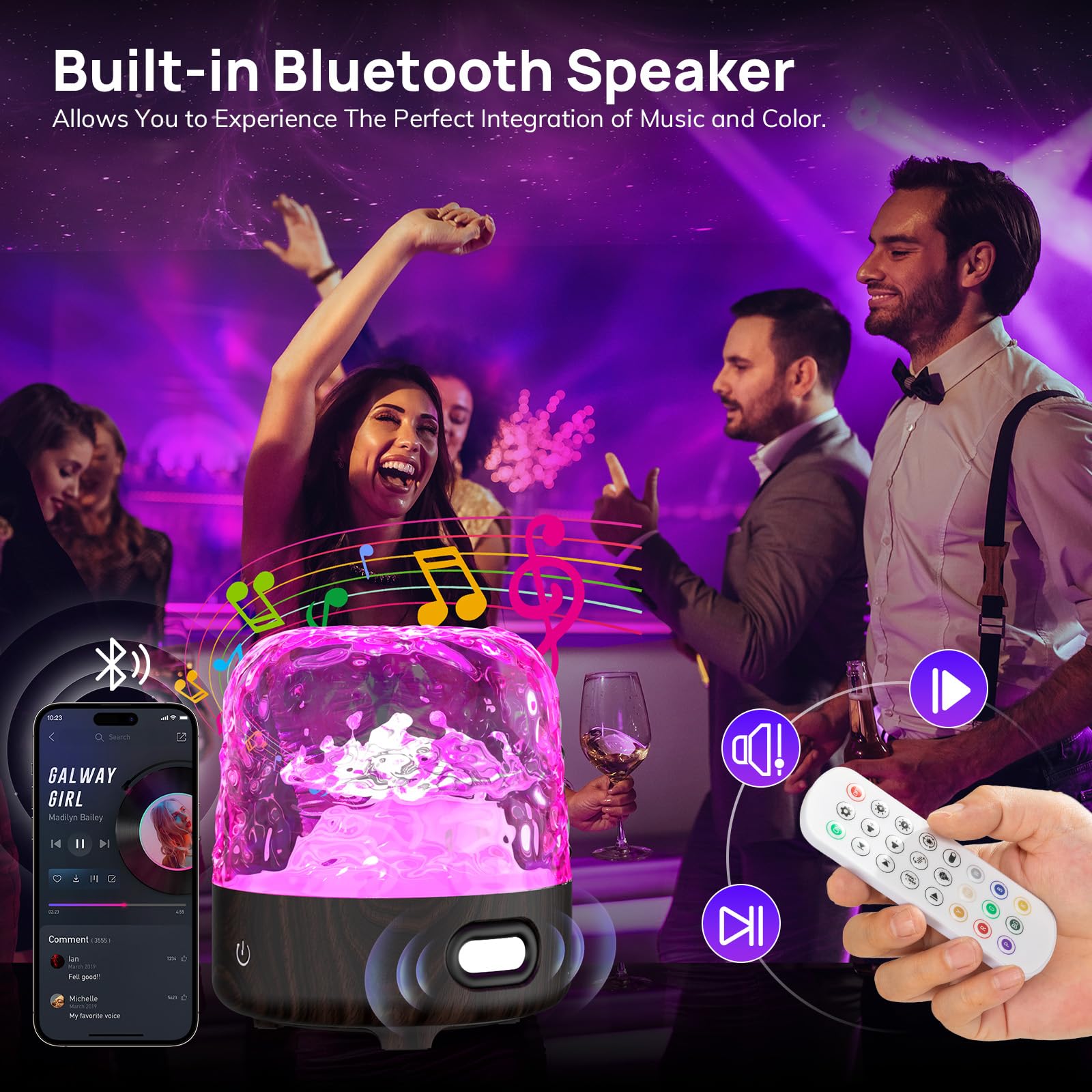 Ocean Wave Projector Light with Northern Lights Effects - RGB Mood Lighting & Bluetooth Speaker | Wireless Rechargeable for Bedroom, Bathroom, Living Room, Party & Camping | Perfect for Relaxation, Meditation and Home Decor