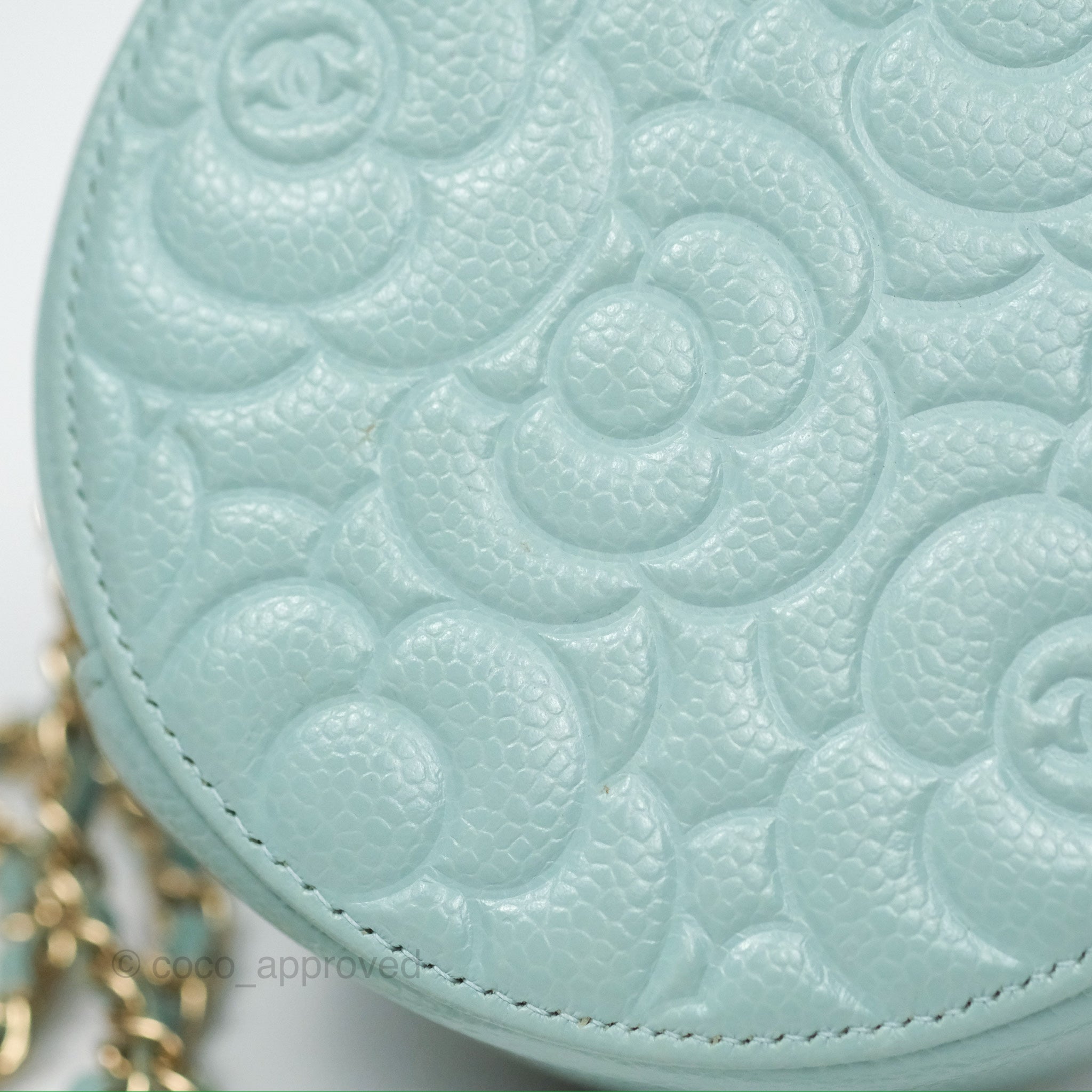 Chanel Camellia Embossed Round Clutch With Chain - Tiffany Blue Caviar Leather Crossbody Bag for Women | Perfect for Evening Parties, Weddings & Special Occasions