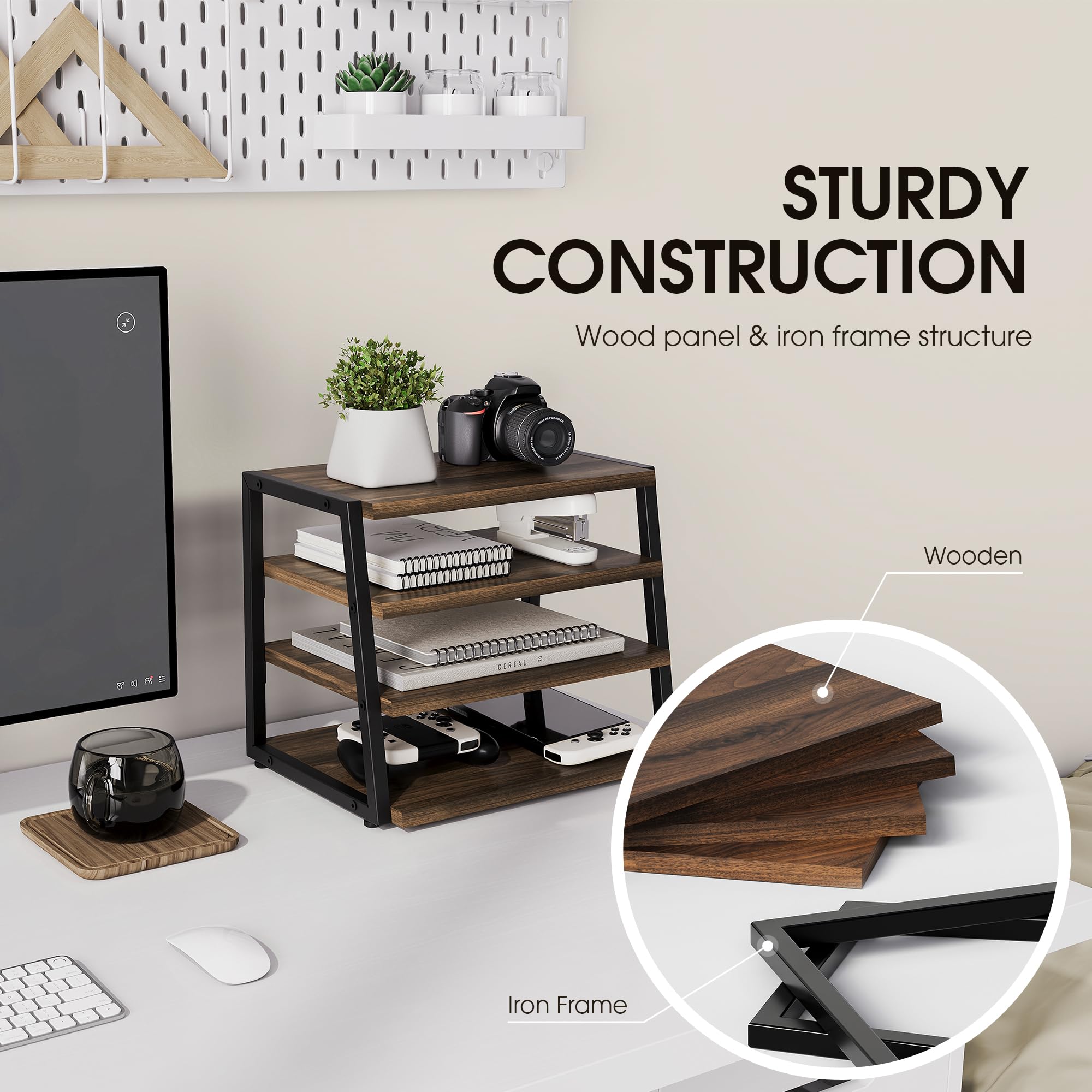 4-Tier Wood & Metal Desk Shelf Organizer - Office Supplies Storage, File Holder for Home & Office Workspace - Perfect for Organizing Books, Files, Stationery on Desks & Corners