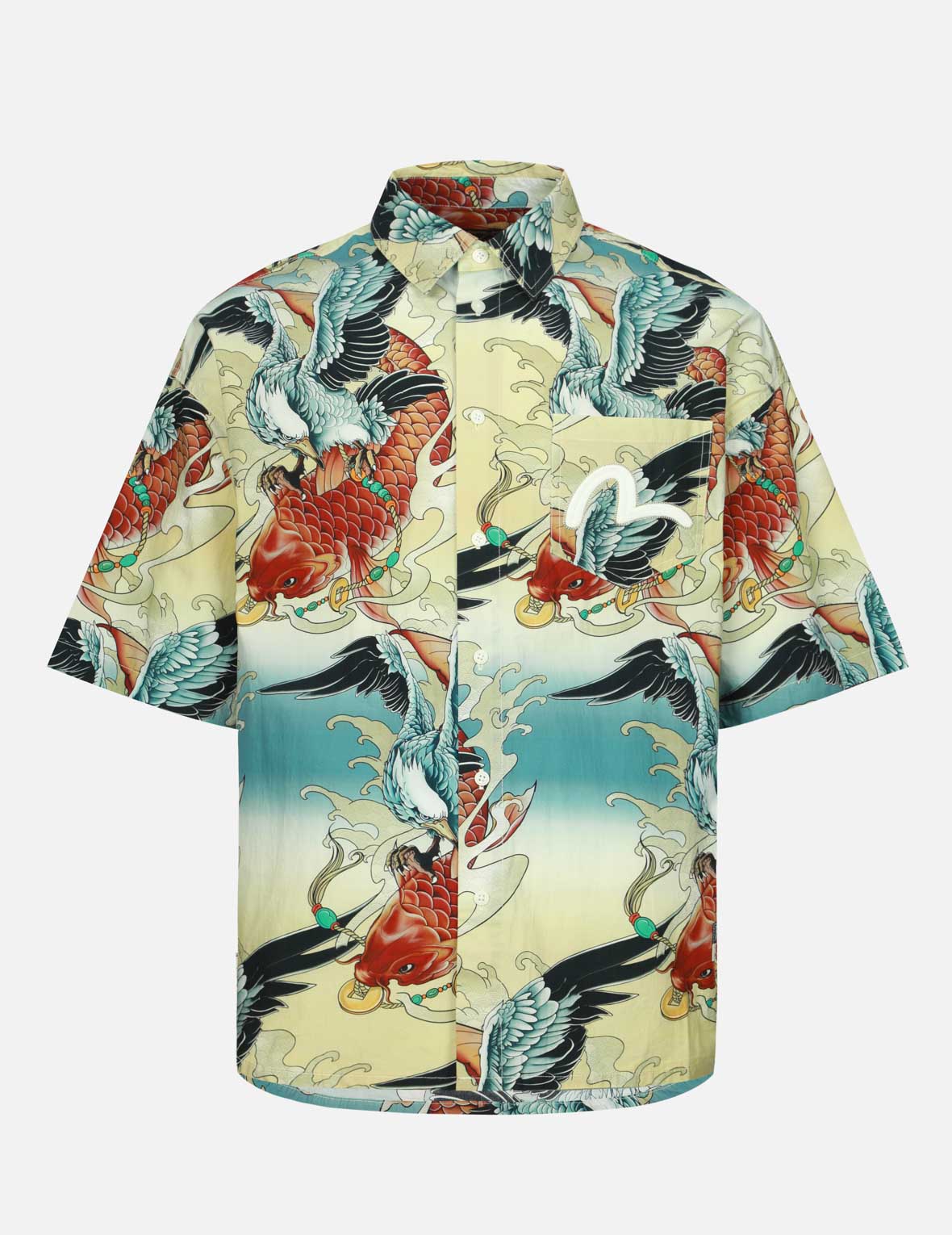 Stylish Colorful Seagull & Carp Print Loose Fit Short Sleeve Casual Shirt for Men - Perfect for Summer Beach Outings, Vacation Wear & Street Fashion