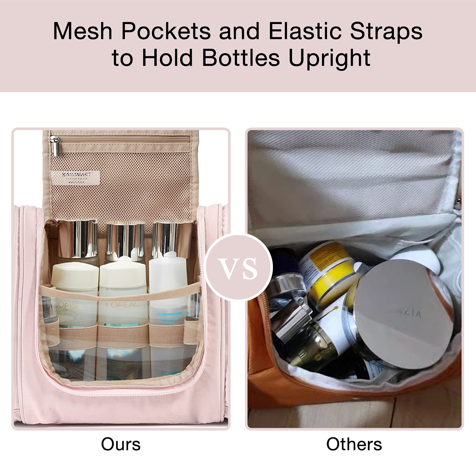 BAGSMART Extra Large Hanging Toiletry Bag for Travel - Waterproof Cosmetic Makeup Organizer with Large Capacity for Full-size Toiletries (Pink) - Perfect for Vacation, Business Trips & Camping Essentials