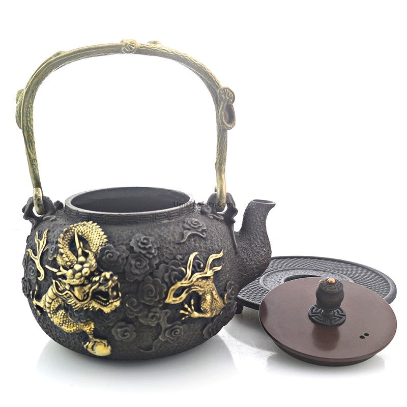 Premium Japanese Cast Iron Golden Dragon Tea Set - Authentic Tetsubin Teapot with 4 Cups, Perfect for Traditional Tea Ceremonies & Home Decor