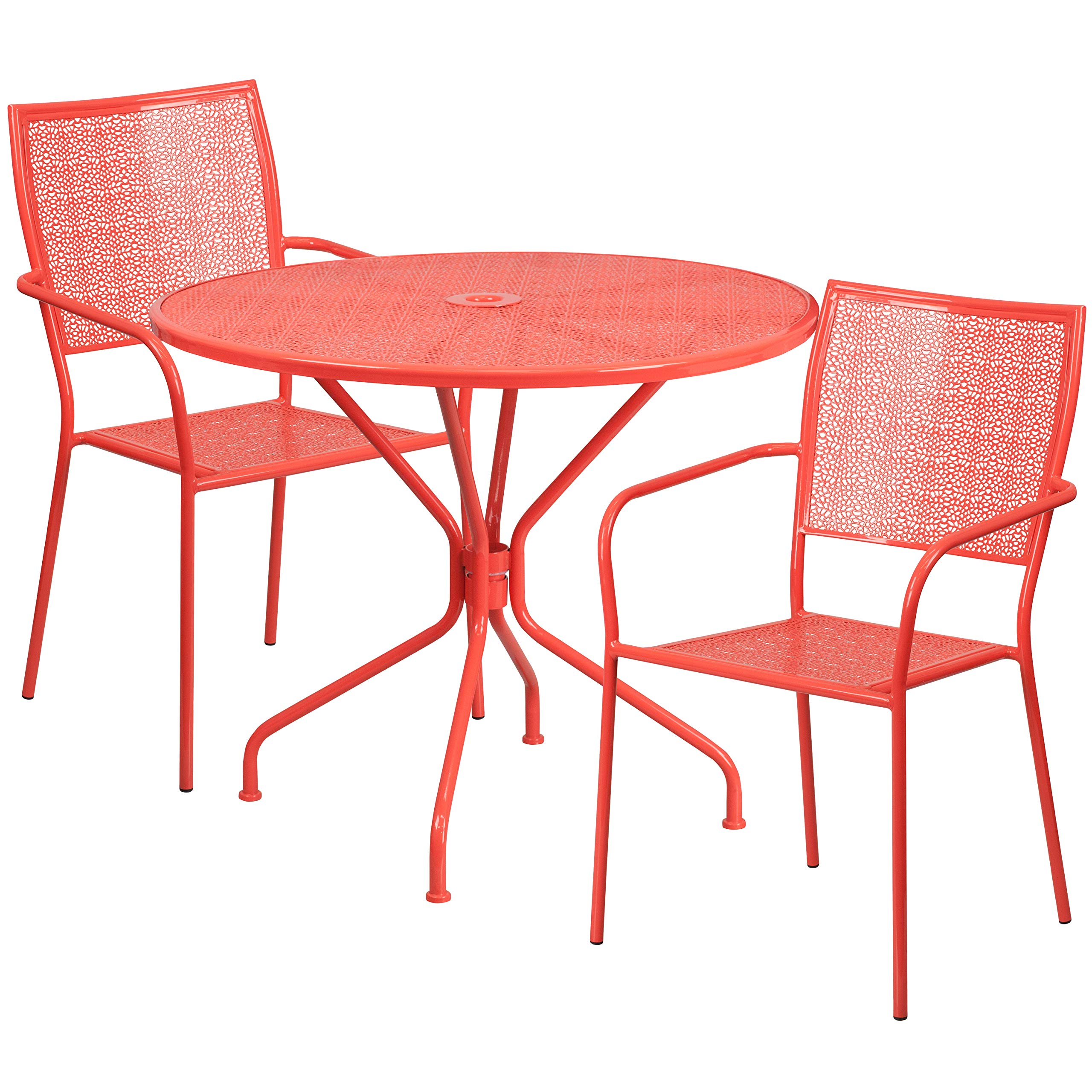 EMMA + OLIVER 35.25 Inch Round Coral Outdoor Patio Dining Table Set with 2 Square Back Chairs - Commercial Grade All-Weather Furniture for Garden, Poolside, Restaurant, and Backyard Relaxation