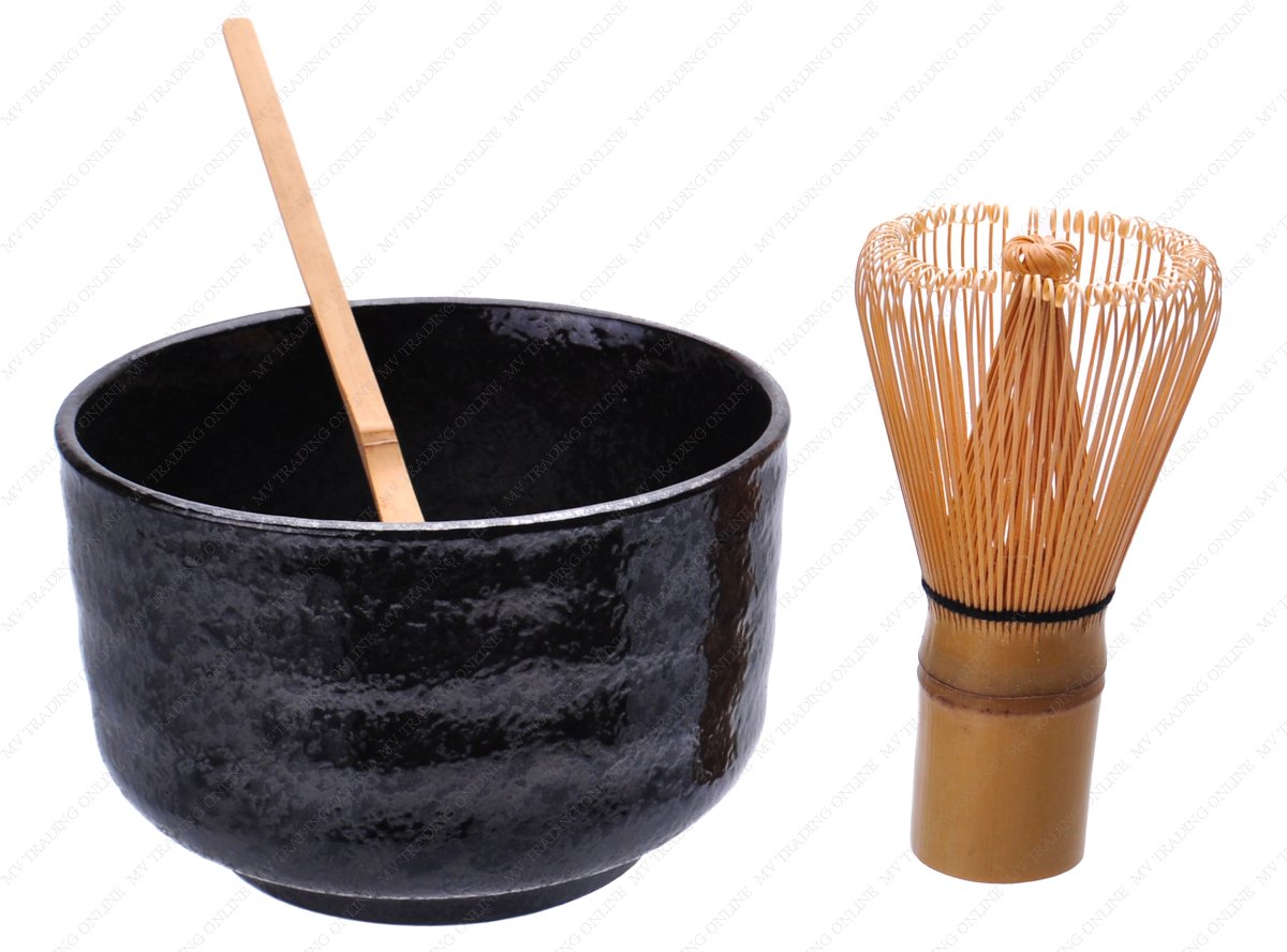 Premium Japanese Matcha Tea Ceremony Set - Ceramic Bowl, Bamboo Whisk & Scoop - Traditional Black & Light Gray (4.6