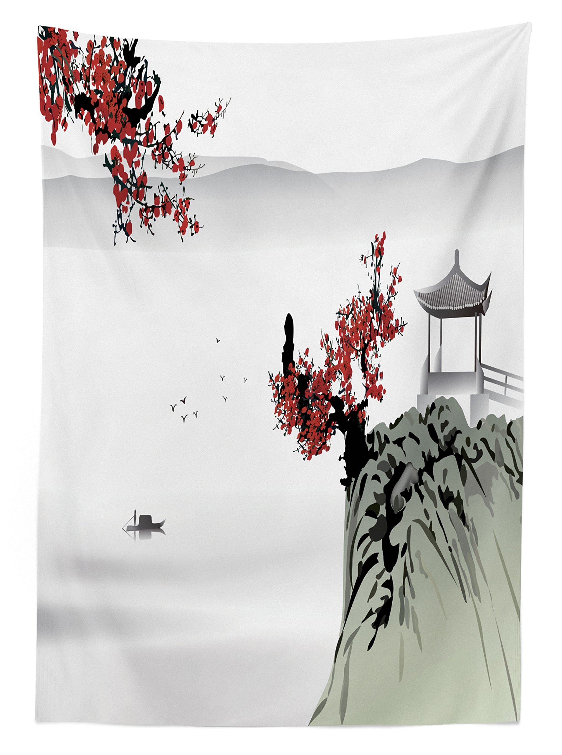Ambesonne Asian Outdoor Tablecloth - Cherry Blossom River Scenery with Boat Design, Washable Picnic Table Cover 58x84 Inches, Ruby Pale Grey - Perfect for Garden Parties, Outdoor Dining & Cultural Events