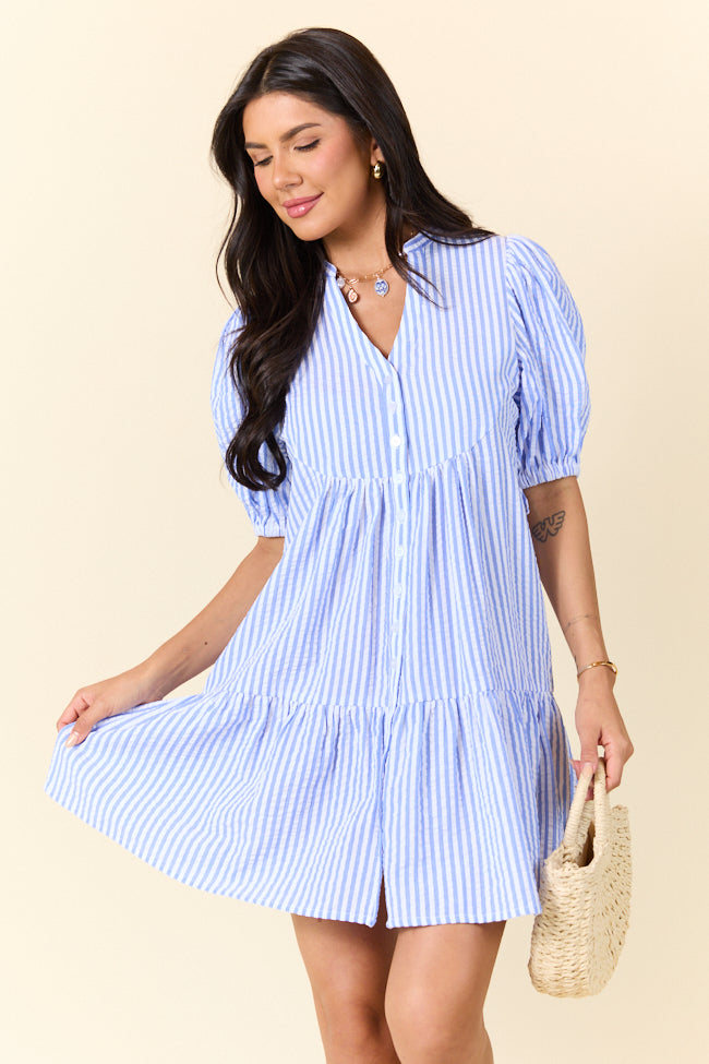 Faith In You Blue Striped Collared Mini Dress - Women's Summer Casual Flowy Short Sleeve Party Dress for Beach, Date Night & Vacation