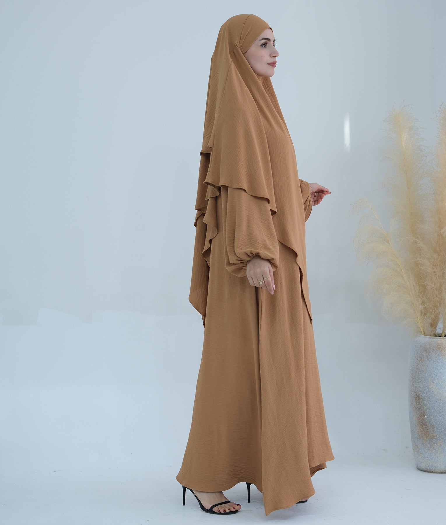 Elegant Muslim Abaya Khimar Set in Camel Color - Modest Prayer Dress for Women, Perfect for Mosque, Eid, and Daily Wear
