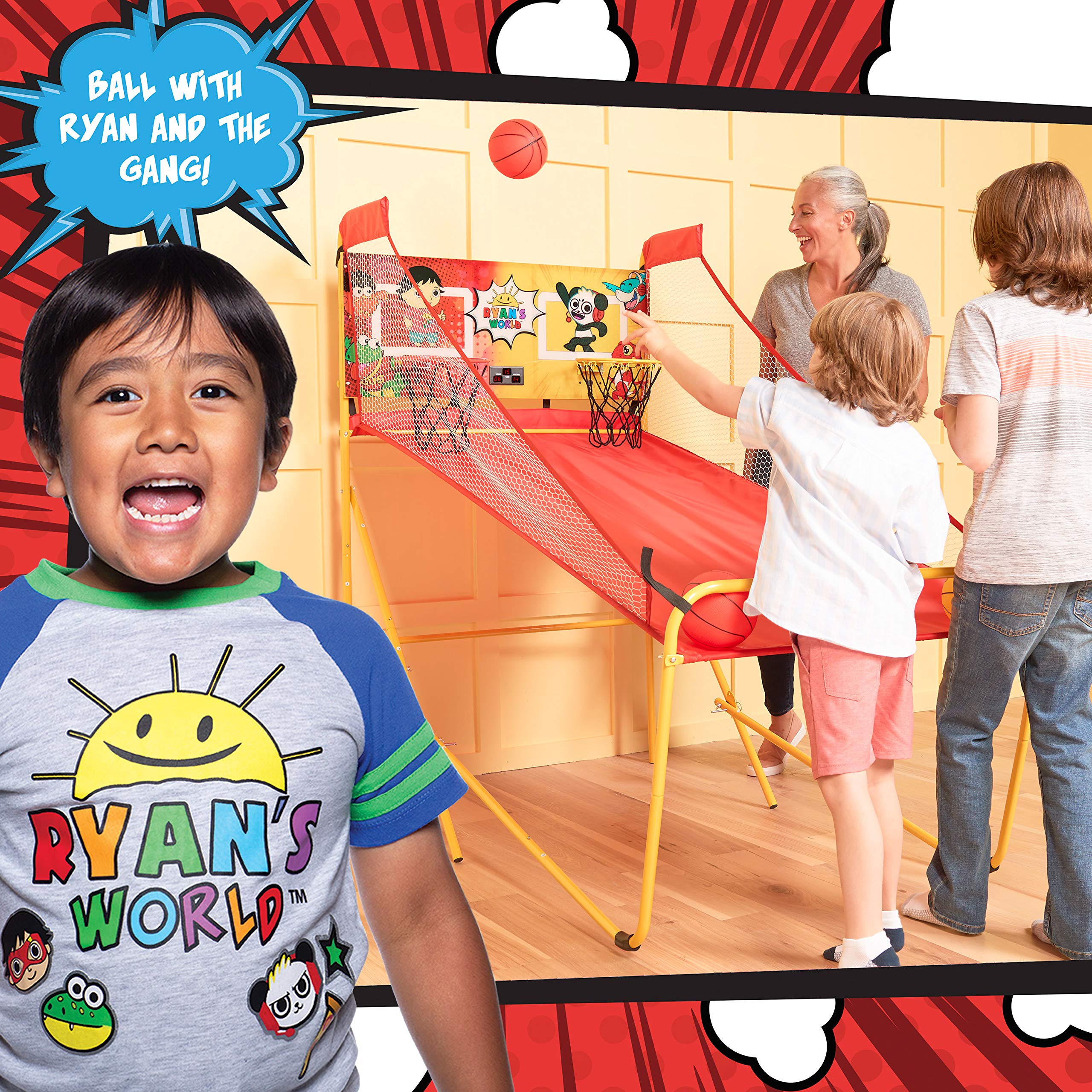 Franklin Sports Ryan's World Arcade Basketball Game - 2 Player Indoor Basketball Hoop Set with Electronic Scoreboard & 4 Mini Balls - Fun Kids Sports Toy for Home, Birthday Party & Family Game Night