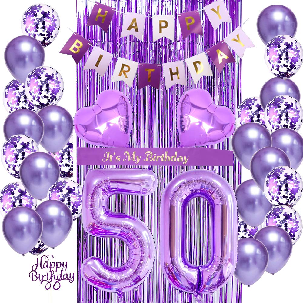 50th Birthday Party Decorations for Women - Purple Balloons, Cake Topper, Banner & 'It's My Birthday' Sash | Perfect for Milestone Celebrations, Surprise Parties & Instagram-Worthy Photos