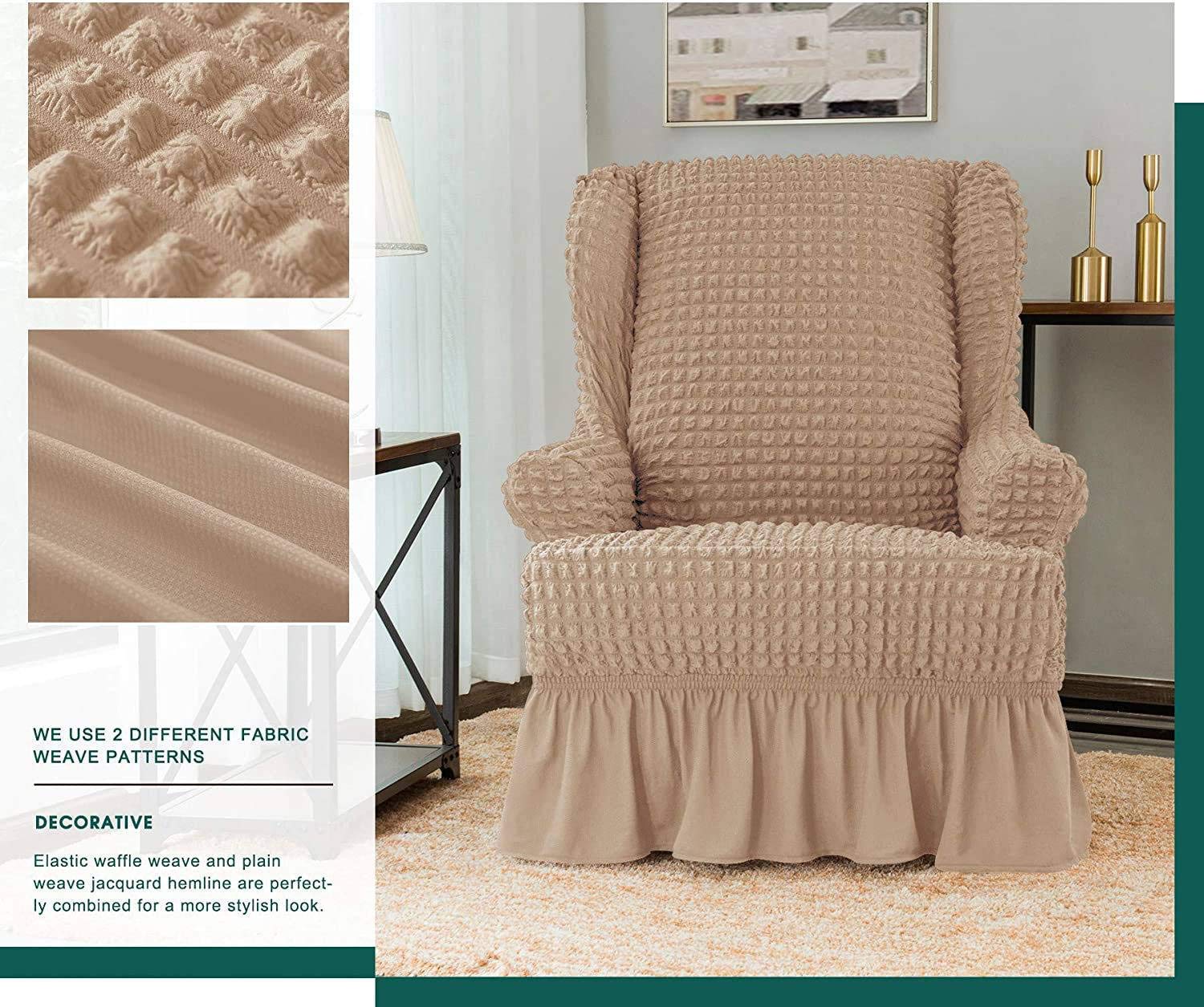 1-Piece Soft Wingback Chair Cover with Elegant Ruffle Skirt - Washable, High Elastic Slipcover, Durable Furniture Protector in Shallow Khaki - Perfect for Living Room, Bedroom, and Office Decor