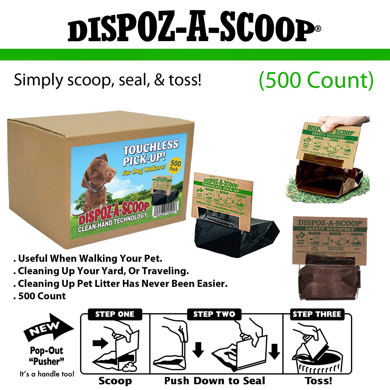 HealthPro Dispoz-A-Scoop - 500 Pack No Touch Sanitary Dog Waste Scoopers for Easy Cleanup | Perfect for Parks, Backyards & Dog Walking