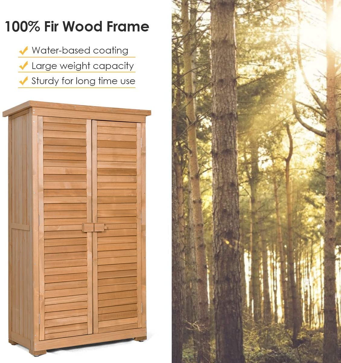 GRAFFY Outdoor Wooden Storage Shed with Shutter Design - Garden Tools Cabinet with Tilted Asphalt Roof - Weatherproof Yard & Patio Storage for Gardening Equipment, Lawn Mowers, and Outdoor Decor