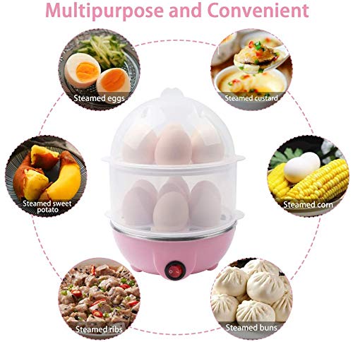 Electric Egg Cooker - Hard Boiled Egg Maker with 14-Capacity Double Layer, Multi-Function Steamer for Soft/Medium/Hard Eggs, Milk Warmer & Food Heater - Perfect for Breakfast Meal Prep, Keto Diet & Healthy Cooking (Pink)