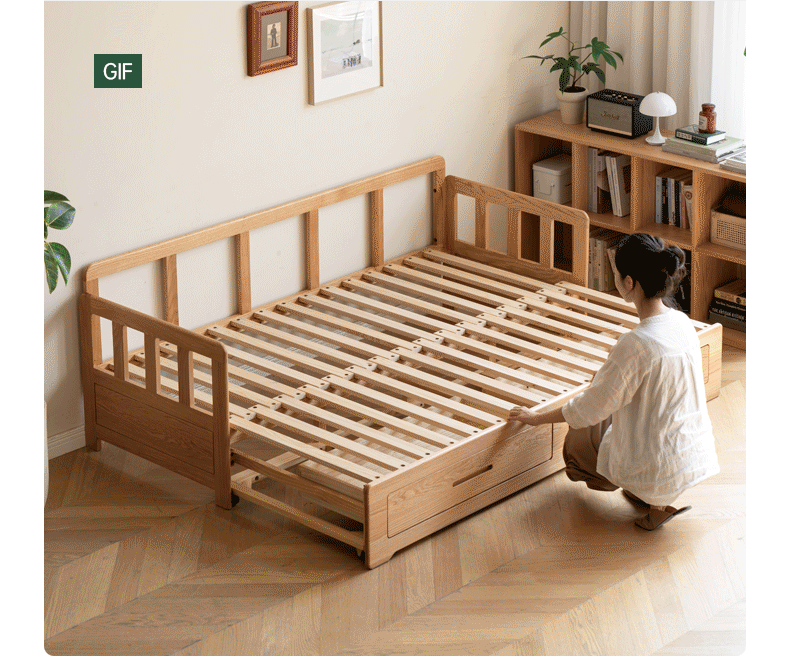 Solid Oak Wood Sofa Bed with Folding & Retractable Storage | Convertible Sleeper for Small Spaces, Guest Rooms & Apartments