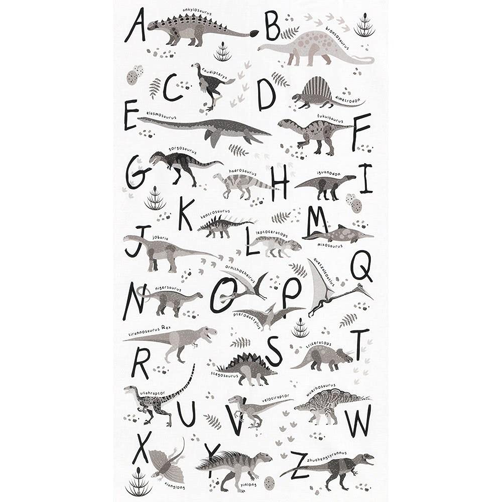 Robert Kaufman Fabrics Alphabetosaurus Dinosaur Alphabet Panel Grey - Precut Cotton Fabric for Quilting, DIY Crafts, Baby Nursery Decor, and Educational Projects
