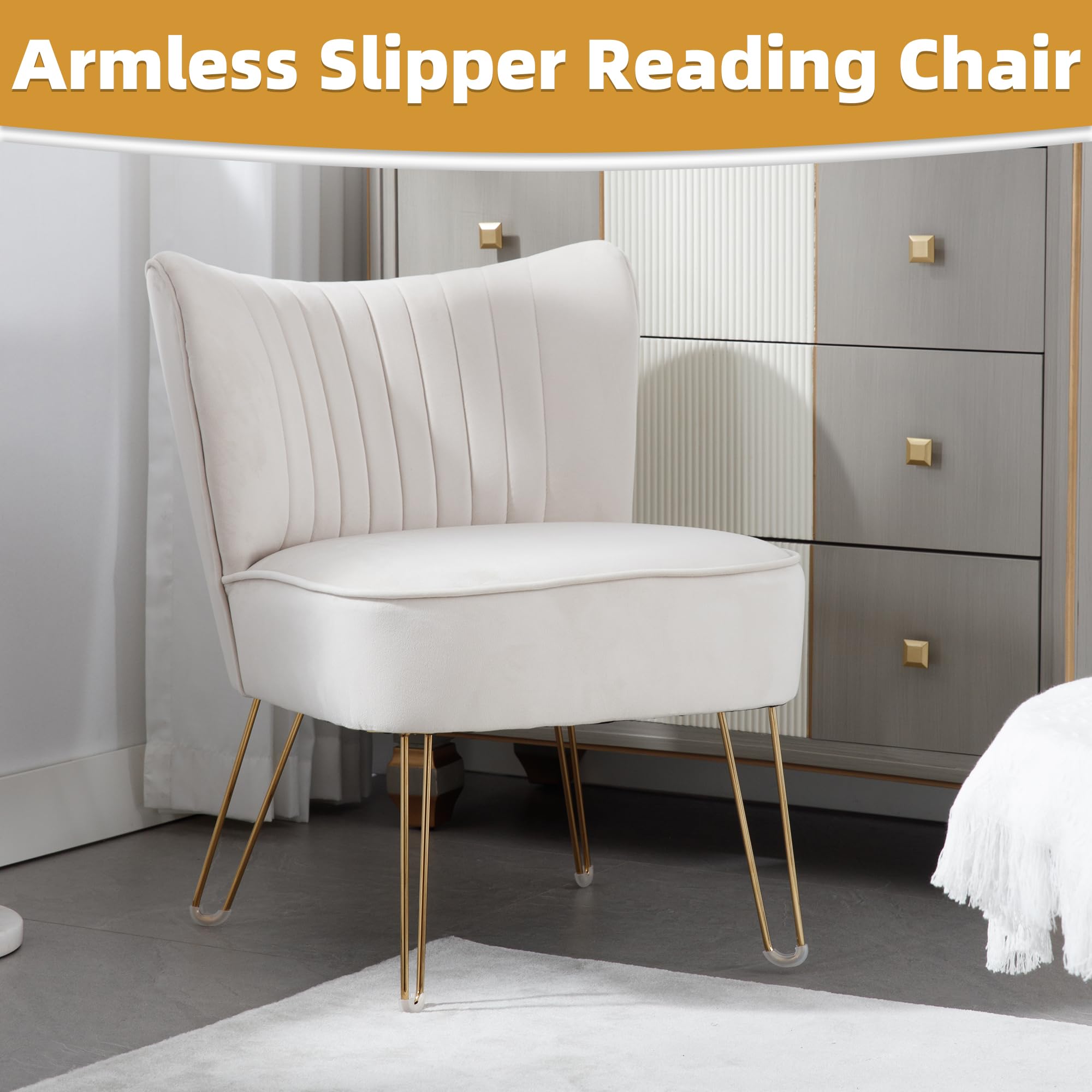 ABET Accent Chairs Set of 2 - Velvet Upholstered Armless Living Room Chairs with Tufted Wingback Design, Thick Cushion & Golden U-Shaped Metal Legs - Modern Comfortable Slipper Chairs for Living Room, Bedroom, or Office - Beige