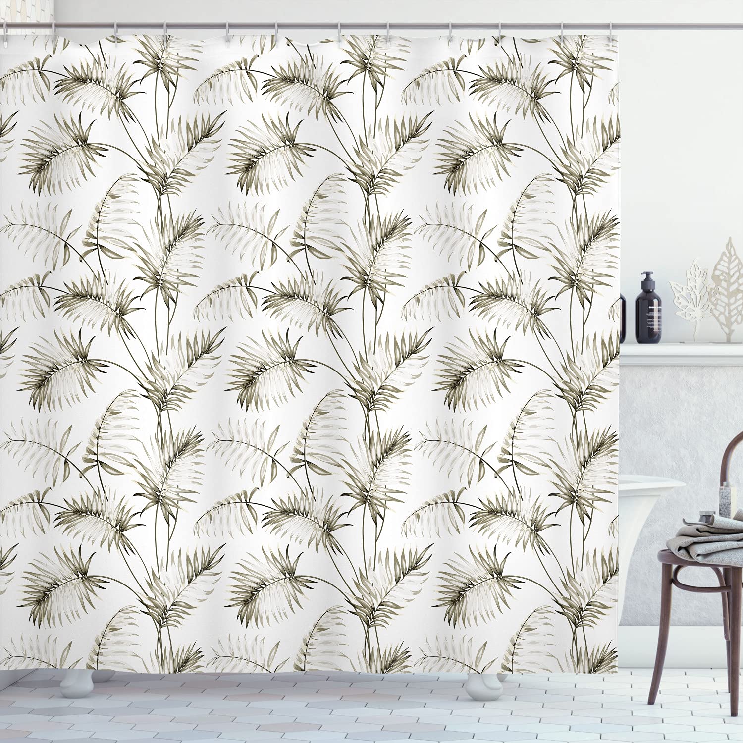 Ambesonne Tropical Palm Leaves Shower Curtain - Botanical Sketch Print Bathroom Decor Set with Hooks, 75