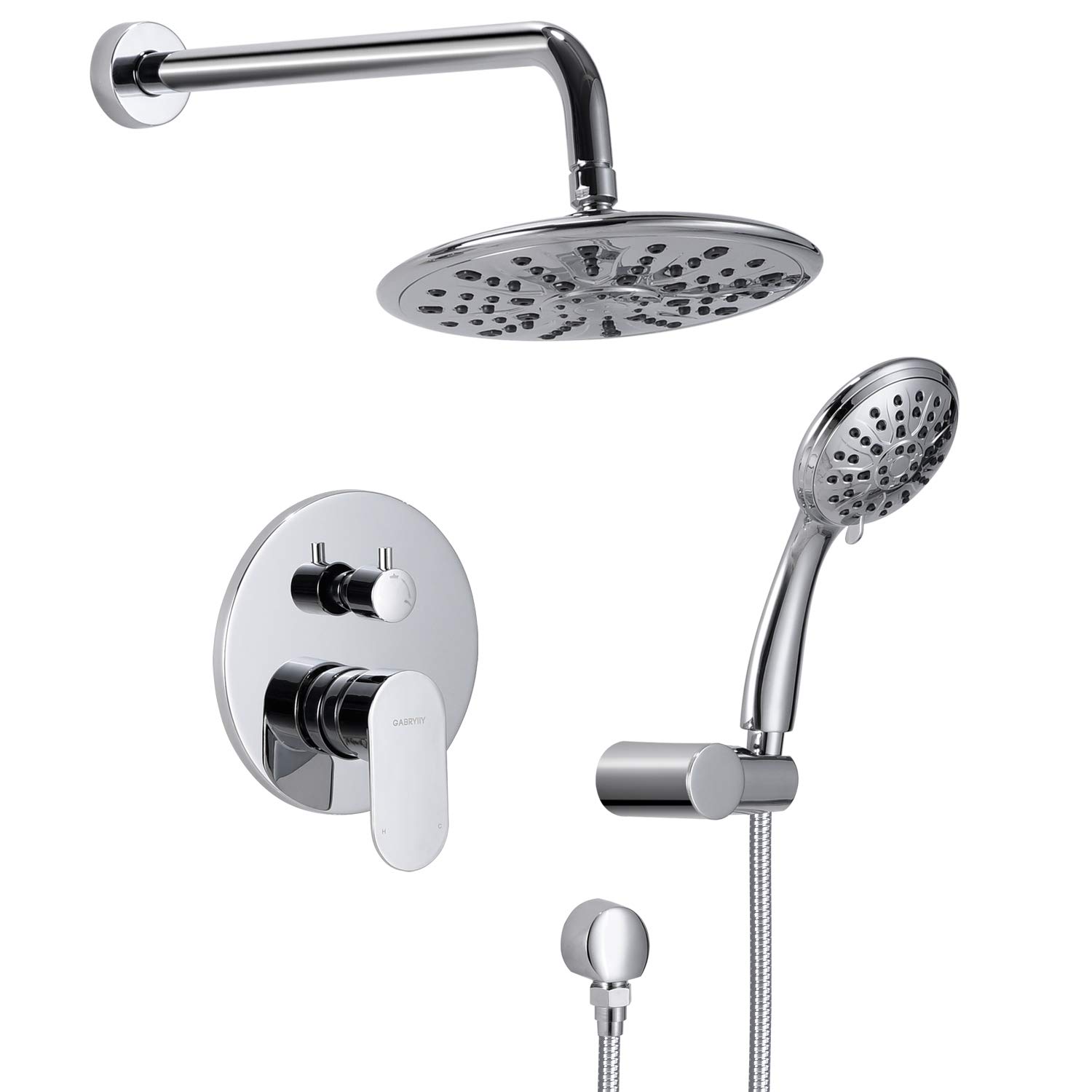 GABRYLLY 8 Inch Rain Shower System - Wall Mounted High Pressure Shower Faucet Set with 3-Setting Handheld Shower Head & Pressure Balance Valve, Polished Chrome - Perfect for Modern Bathroom Renovation & Spa-Like Shower Experience