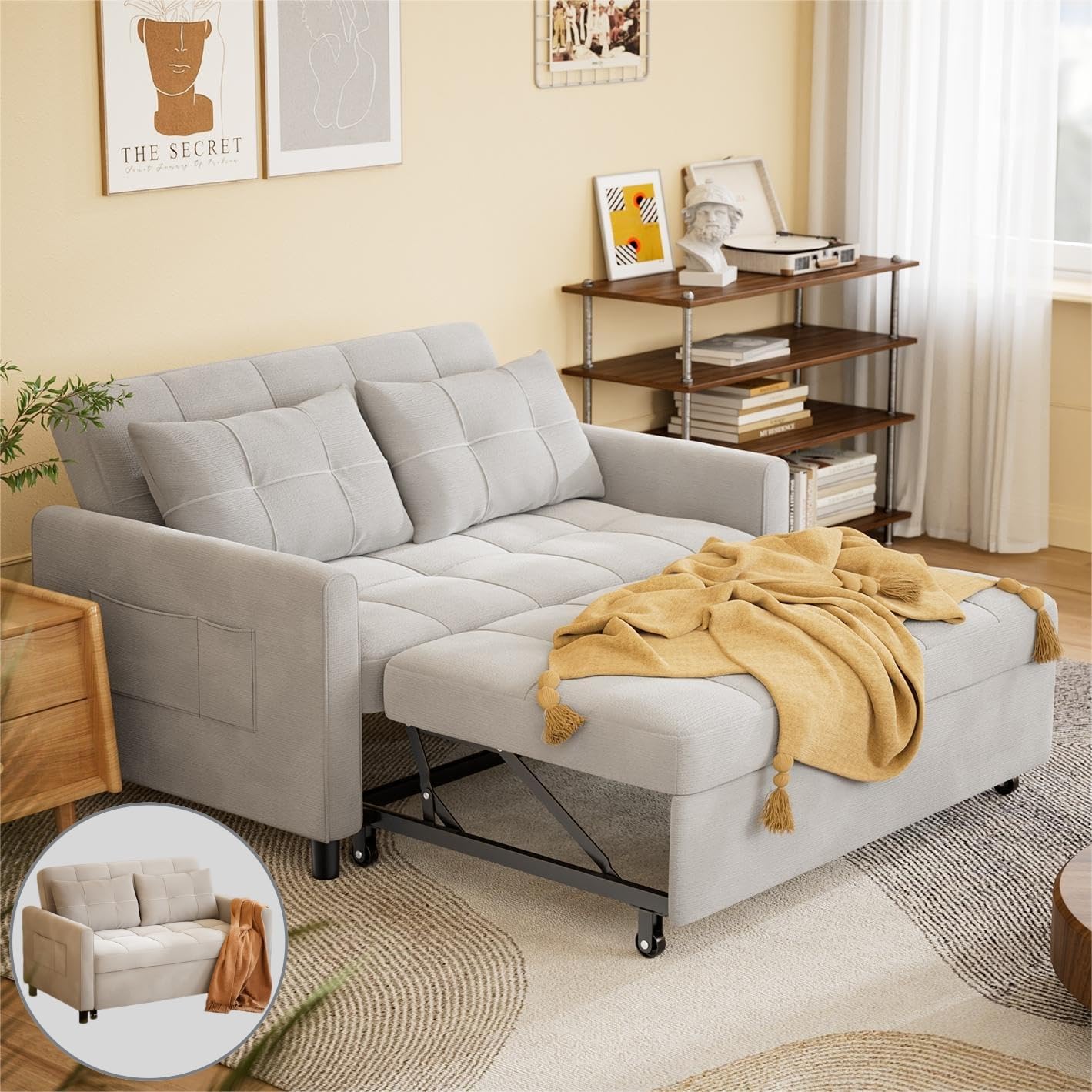Gizoon 3-in-1 Convertible Sofa Bed - Full Size Pull Out Sleeper Sofa with Reclining Backrest & Side Pockets, Linen Fabric Futon Couch for Small Space Living Room, Apartment, Guest Room (Light Grey) | Modern Multi-Functional Furniture for Home & Office Use