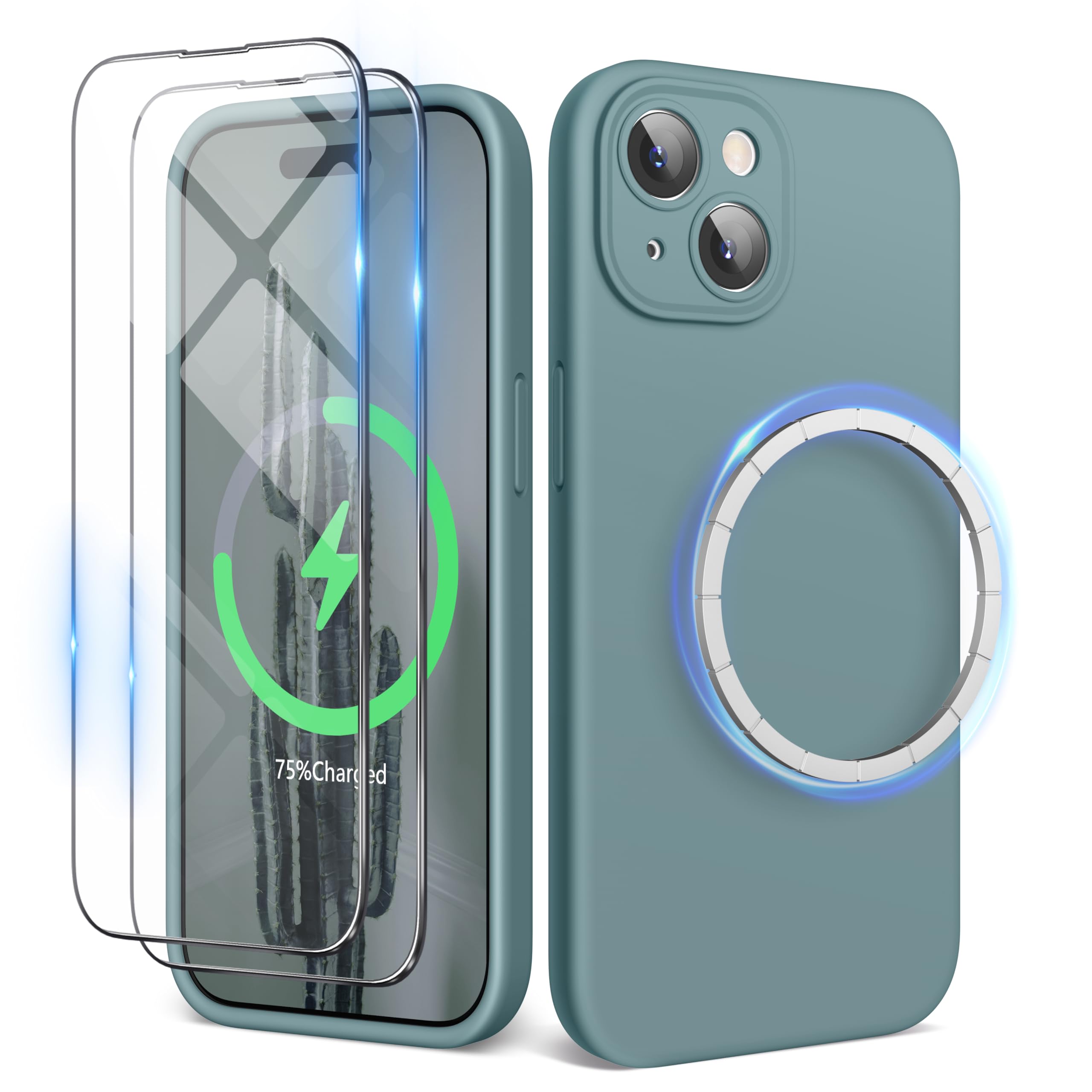 SURPHY MagSafe Compatible iPhone 15 Case (6.1 inch 2023) with 2 Pack Screen Protector - Liquid Silicone Phone Cover with Camera Protection & Soft Microfiber Lining (Cactus Green) | Perfect for Everyday Use, Travel & Outdoor Activities