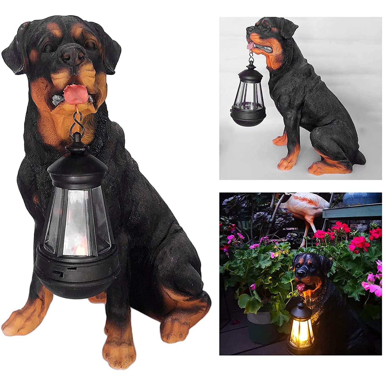 Solar Powered Rottweiler Statue - Outdoor Garden Dog Ornament with Detachable LED Solar Lights Lantern, Weatherproof Resin Decor for Patio, Lawn, Yard & Backyard