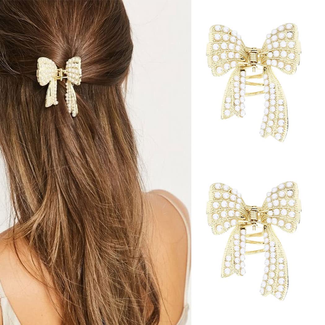 Brinie Pearl Hair Claw Clips - Gold Metal Hair Claw Clamps with Bowknot Design, Non-Slip Jaw Hair Accessories for Women & Girls (2 Pack) - Perfect for Parties, Weddings & Everyday Styling