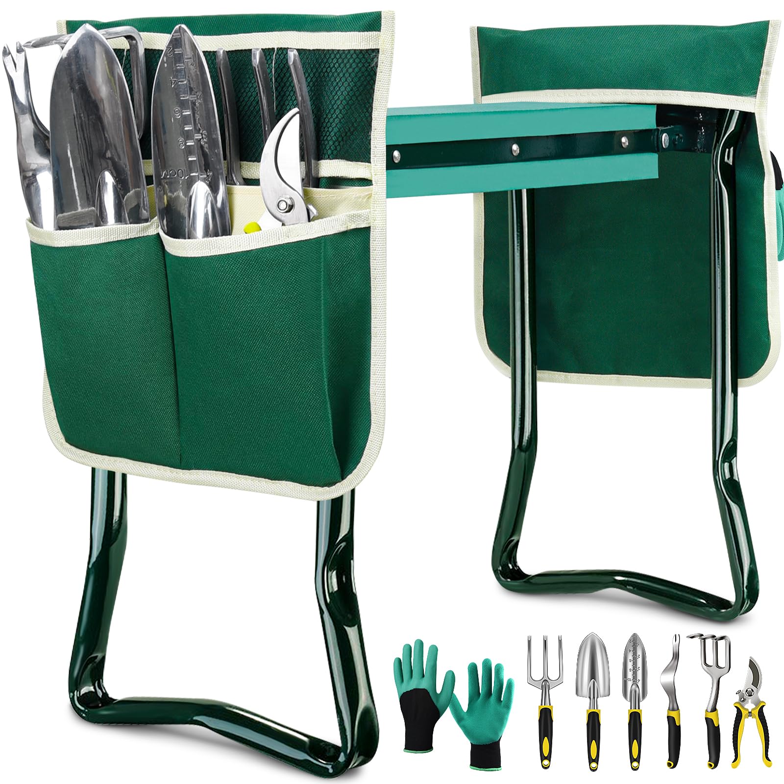 EAONE Foldable Garden Kneeler and Seat with Soft Kneeling Pad - Gardening Stool Bench with Hand Tools, Gloves & Tool Pouches - Ideal Gardening Gifts for Men & Women - Protects Knees & Back - Perfect for Planting, Weeding & Outdoor Yard Work