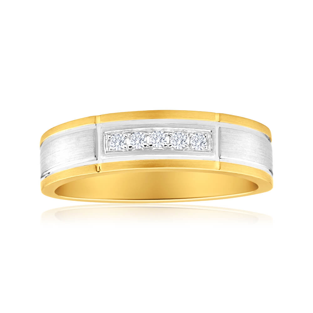 9ct Yellow Gold & White Gold Men's Diamond Ring - 0.1 Carat Round Cut Solitaire Wedding Band for Engagement, Anniversary & Special Occasions