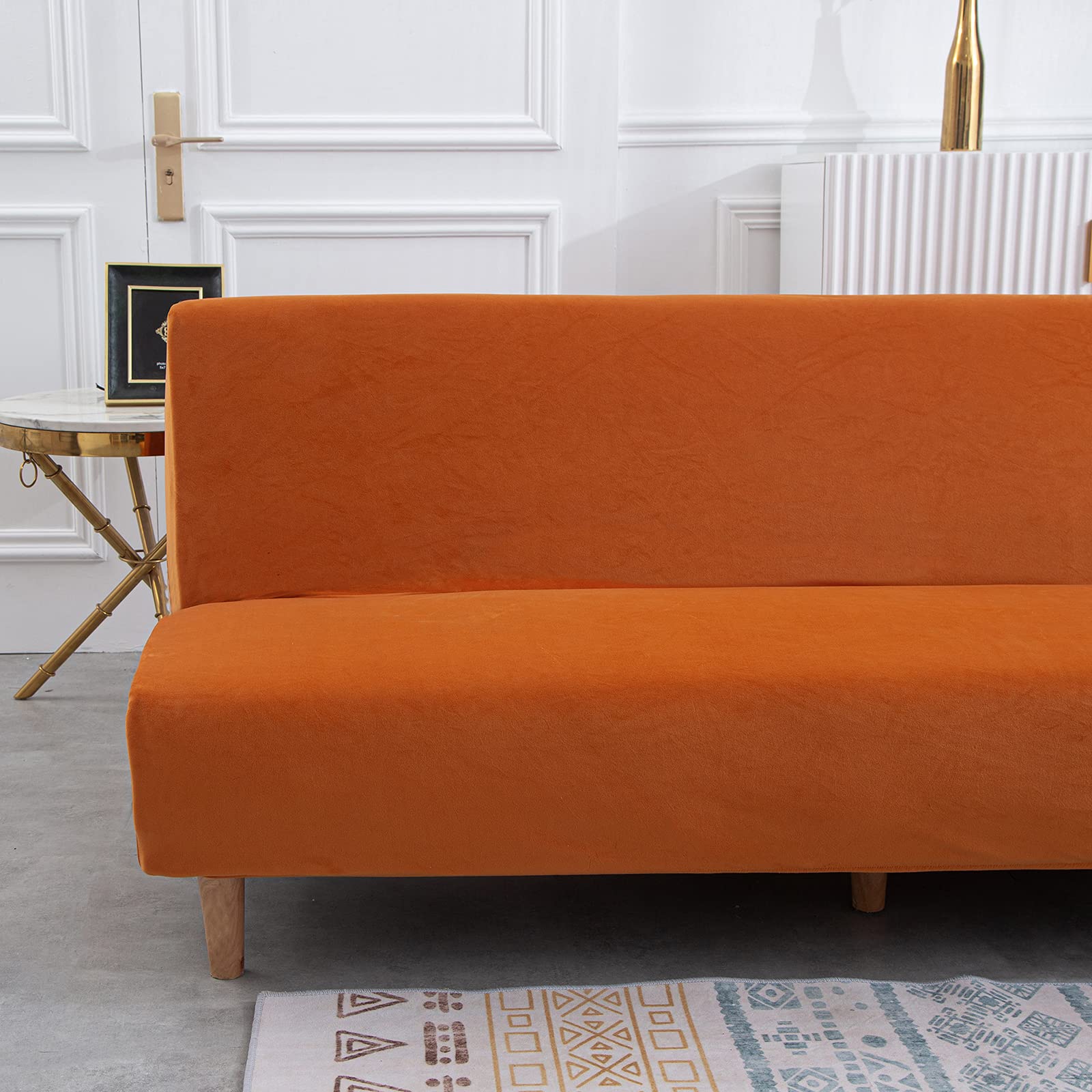 Velvet Stretch Armless Futon Slipcover - Elastic Washable Sofa Cover for Futon Bed Without Armrests | Furniture Protector | Perfect for Living Room, Dorm, Guest Room (Orange)