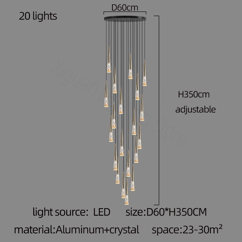 Elegant Crystal Cones Staircase Chandelier - Modern Luxury Ceiling Light Fixture for Stairwell & Foyer - Perfect for Home Decor, Wedding Venues & Upscale Hotels