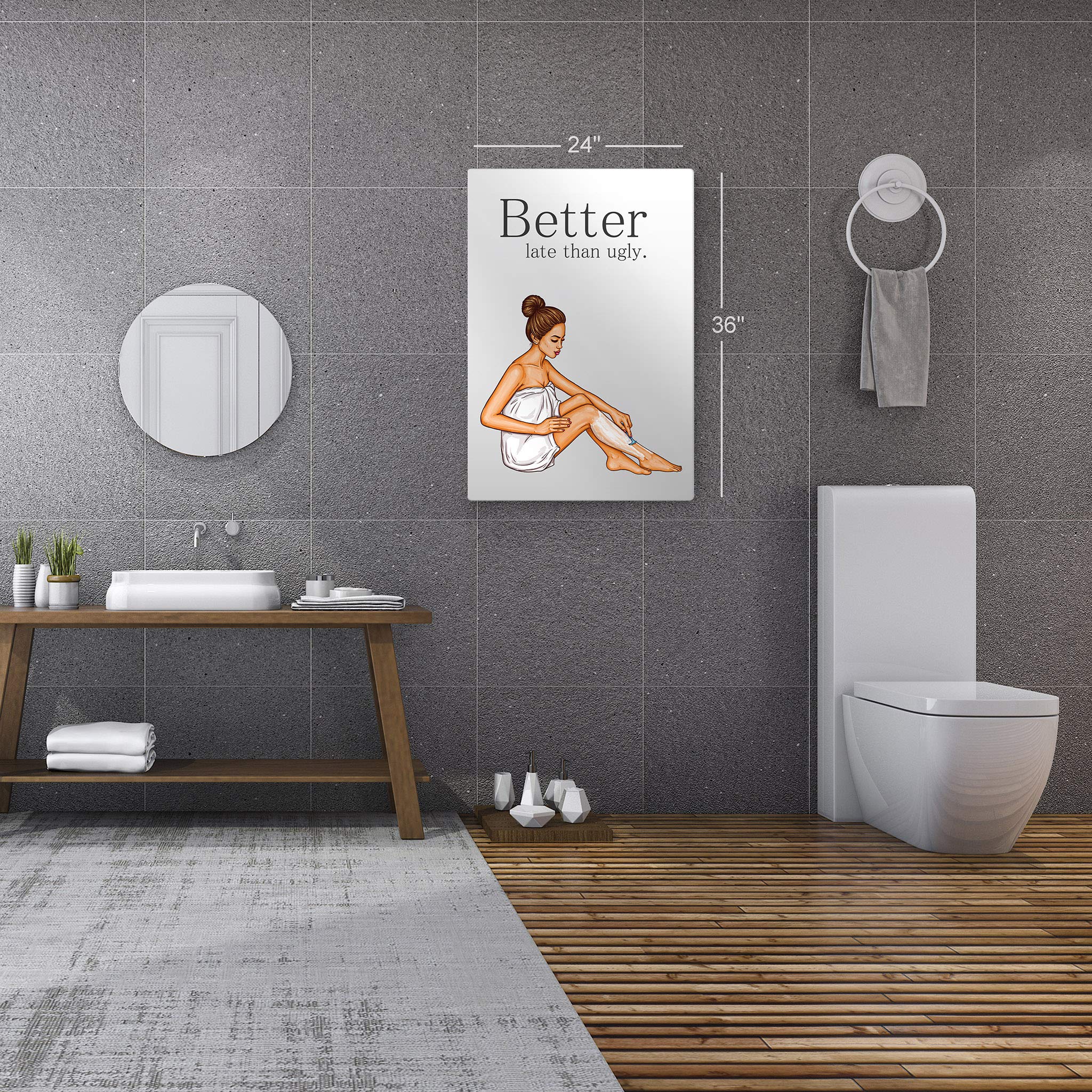 Funny Bathroom Wall Art - Smile Art Design 'Better Late Than Ugly' Metal Print, Cute Kids Bathroom Sign, Nursery & Home Decor (30x20, Ready to Hang, Made in USA) - Perfect for Bathroom, Kids Room & Nursery Wall Decoration