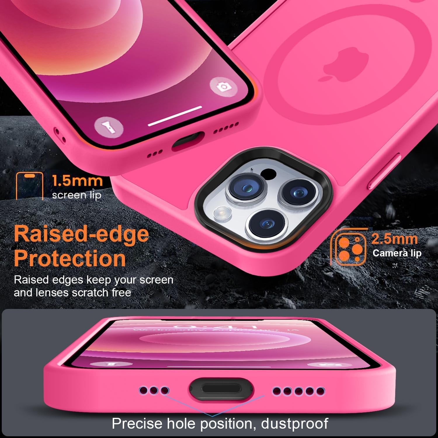 Vooii Strong Magnetic iPhone 12 Pro Max Case - Slim Translucent Matte Cover with Magsafe Compatibility, Aluminum Alloy Buttons & Screen/Camera Protectors | Perfect for Everyday Use, Work & Travel - Hot Pink