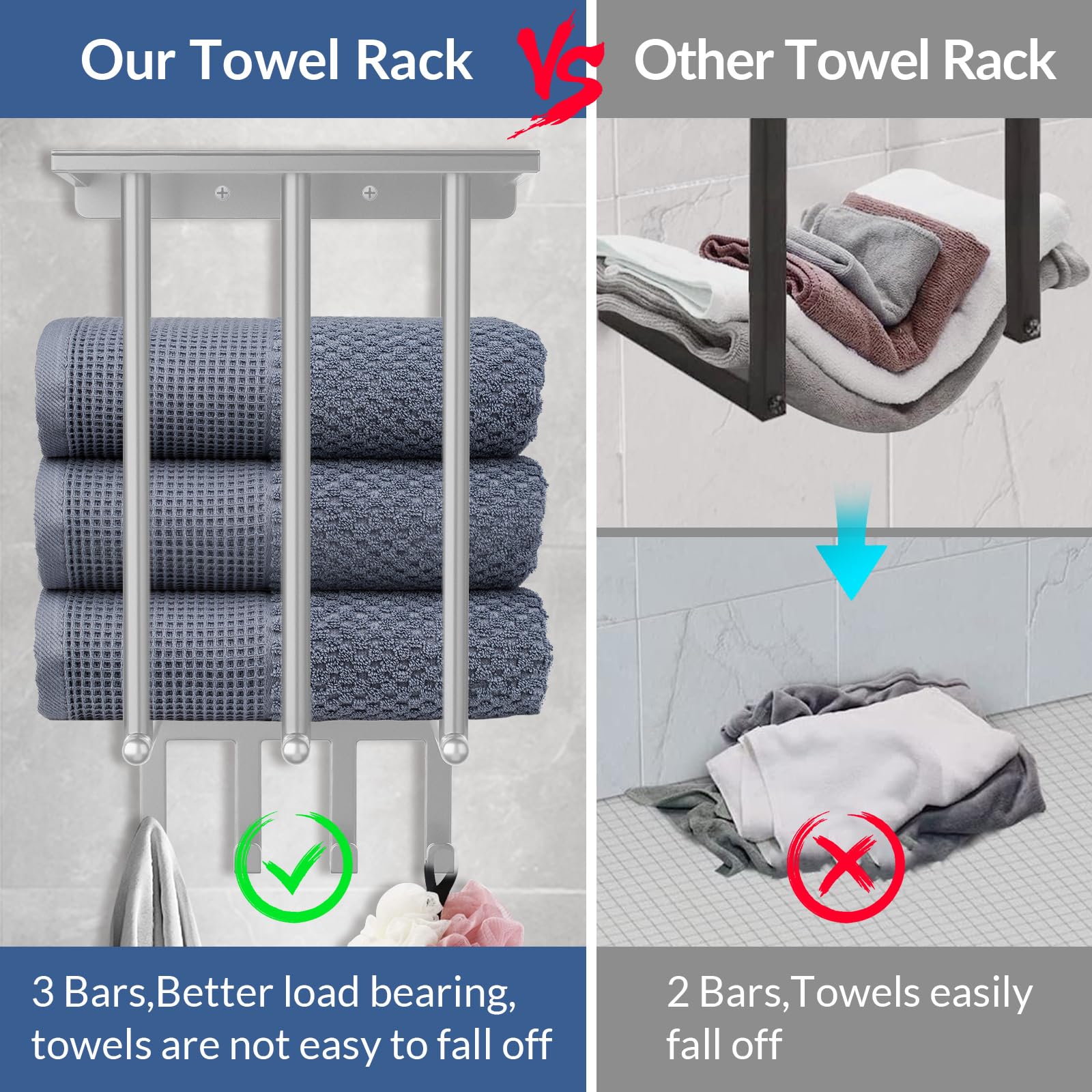 Stainless Steel Bathroom Towel Rack with 4 Hooks & Metal Shelf - Wall Mounted Towel Holder for Bathroom Organization - Space Saving Bathroom Decor (Grey) - Perfect for Small Bathrooms, Apartments & Vanity Areas