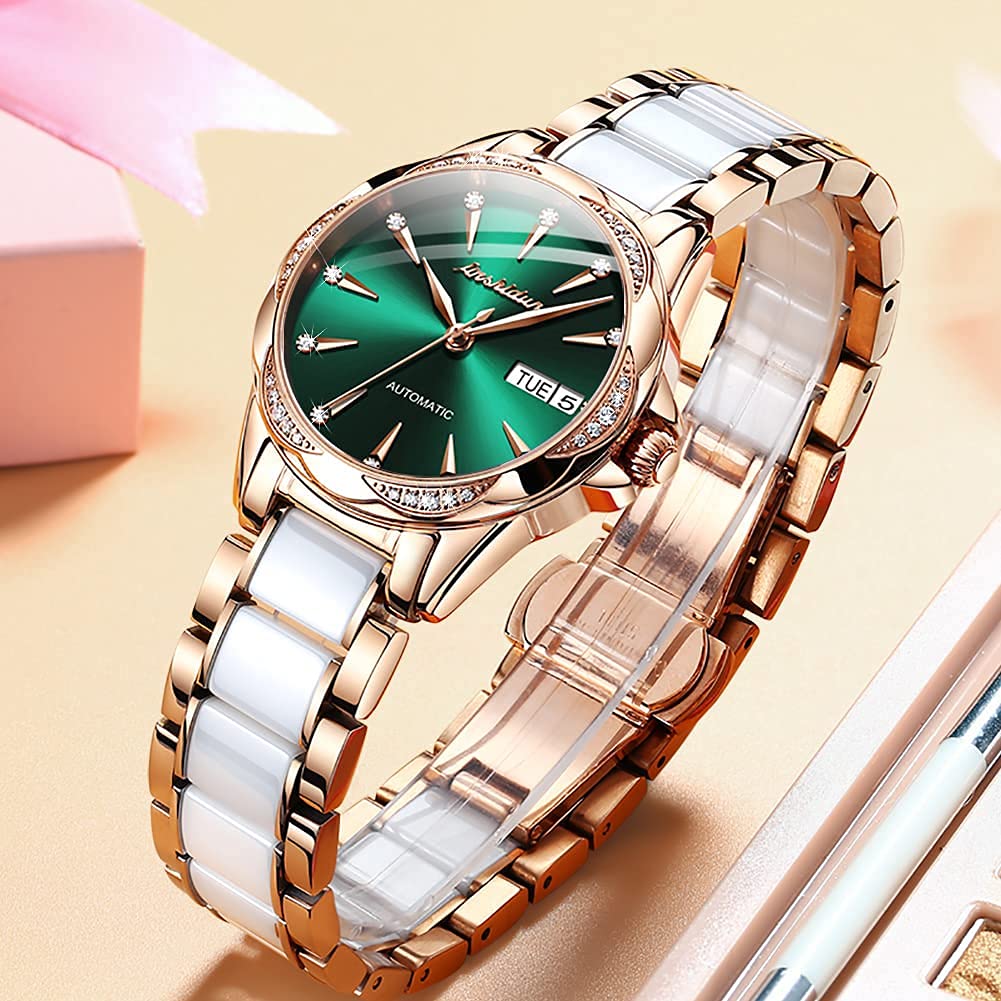 **Elegant Automatic Green Stainless Steel Women's Watch with Ceramic Bracelet – Self-Winding Mechanical Watch with Day/Date Display, Waterproof & Diamond Accents – Perfect for Office, Party & Everyday Wear**