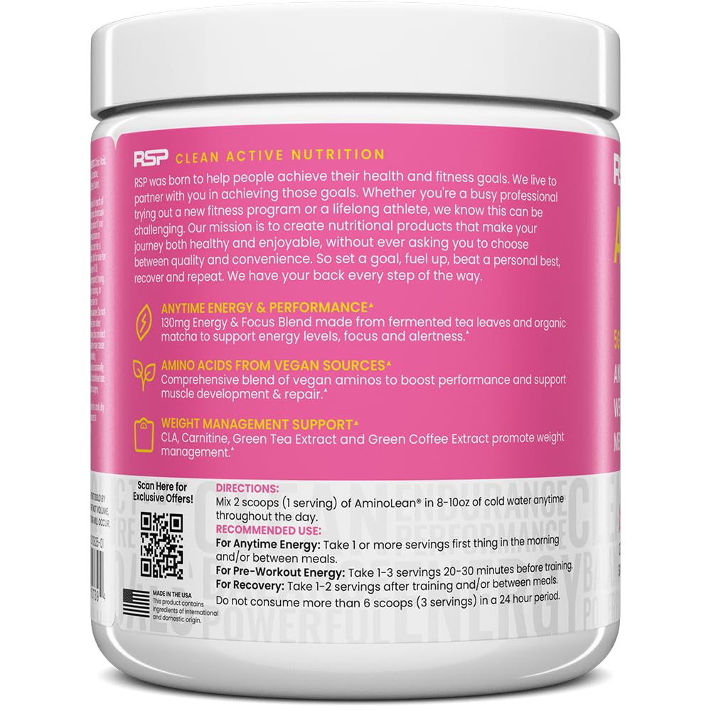 RSP Nutrition AminoLean Pre Workout Powder - Vegan BCAA Amino Acids with Natural Caffeine for Energy & Weight Management | Preworkout Boost for Men & Women | 30 Servings Pink Lemonade Flavor | Perfect for Gym, Fitness & Weight Loss Training