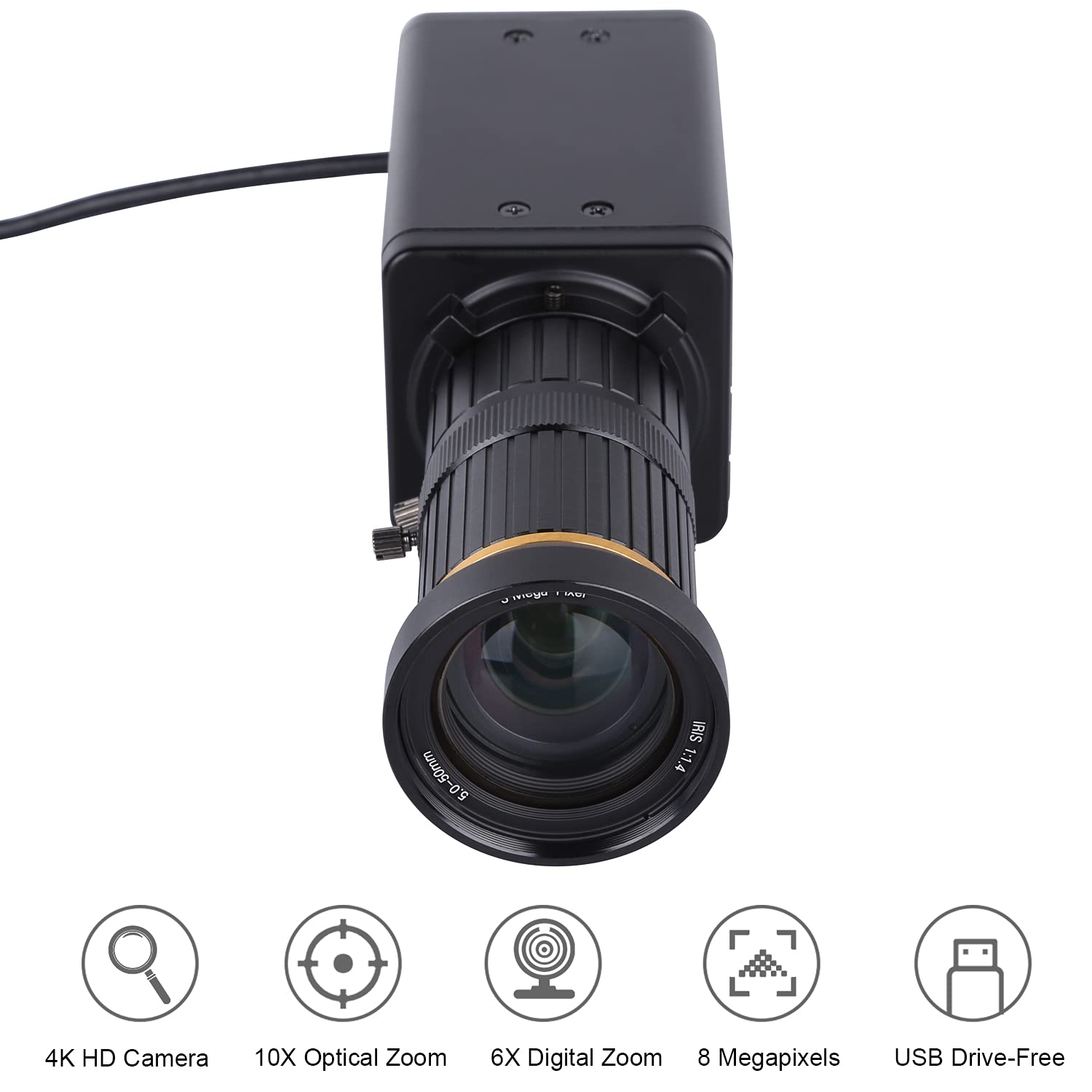 YIWENG 4K HD Webcam with 8MP, 10X Optical Zoom, 60° Wide Angle, Manual Focus & Auto Exposure - Built-in Microphone for Video Conferencing, Live Streaming & Online Classes