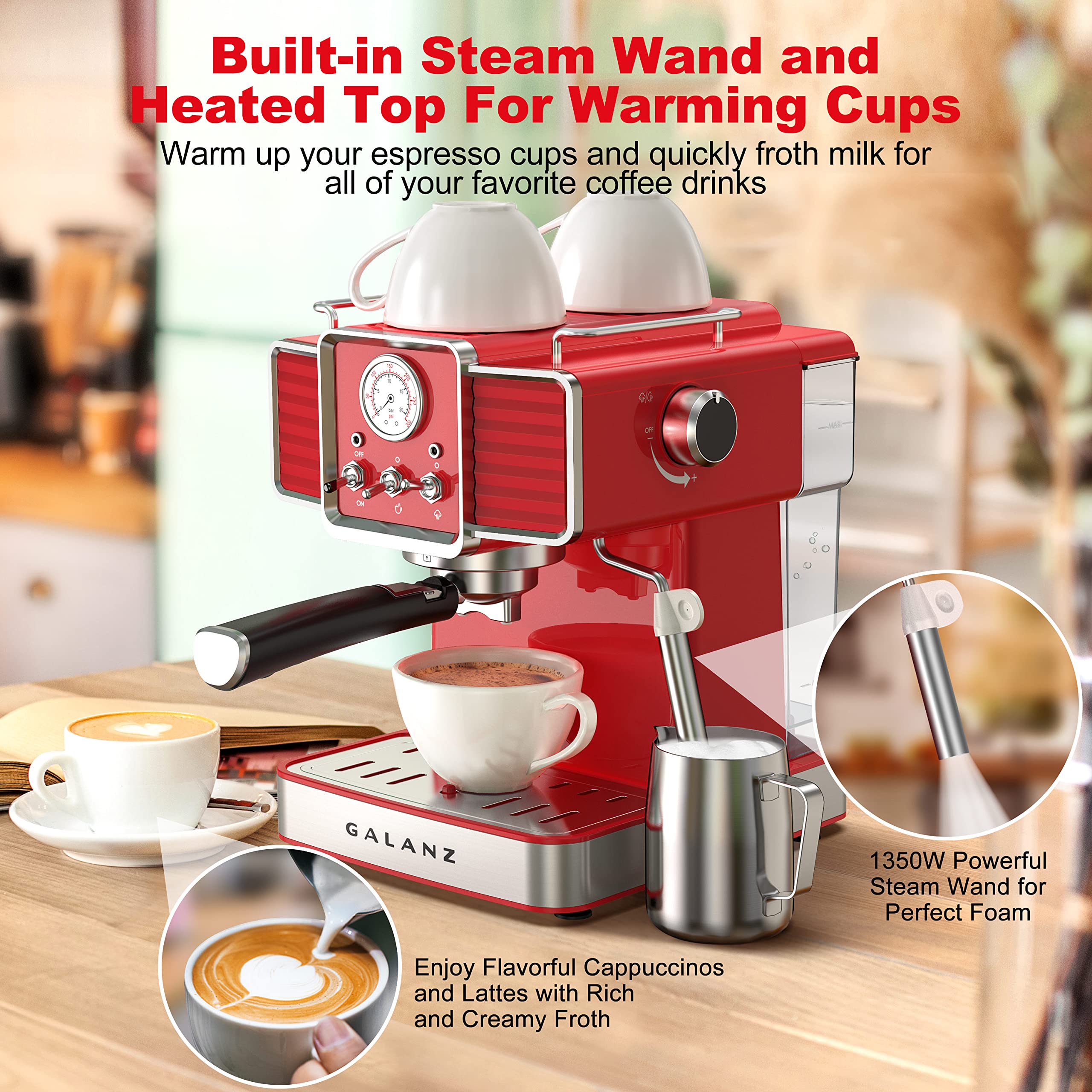 Galanz Retro Espresso Machine with Milk Frother - 15 Bar Pump Professional Cappuccino & Latte Maker, 1.5L Removable Water Tank, 1350W (Vintage Red) - Perfect for Home Coffee Bars, Office Break Rooms & Gift Giving