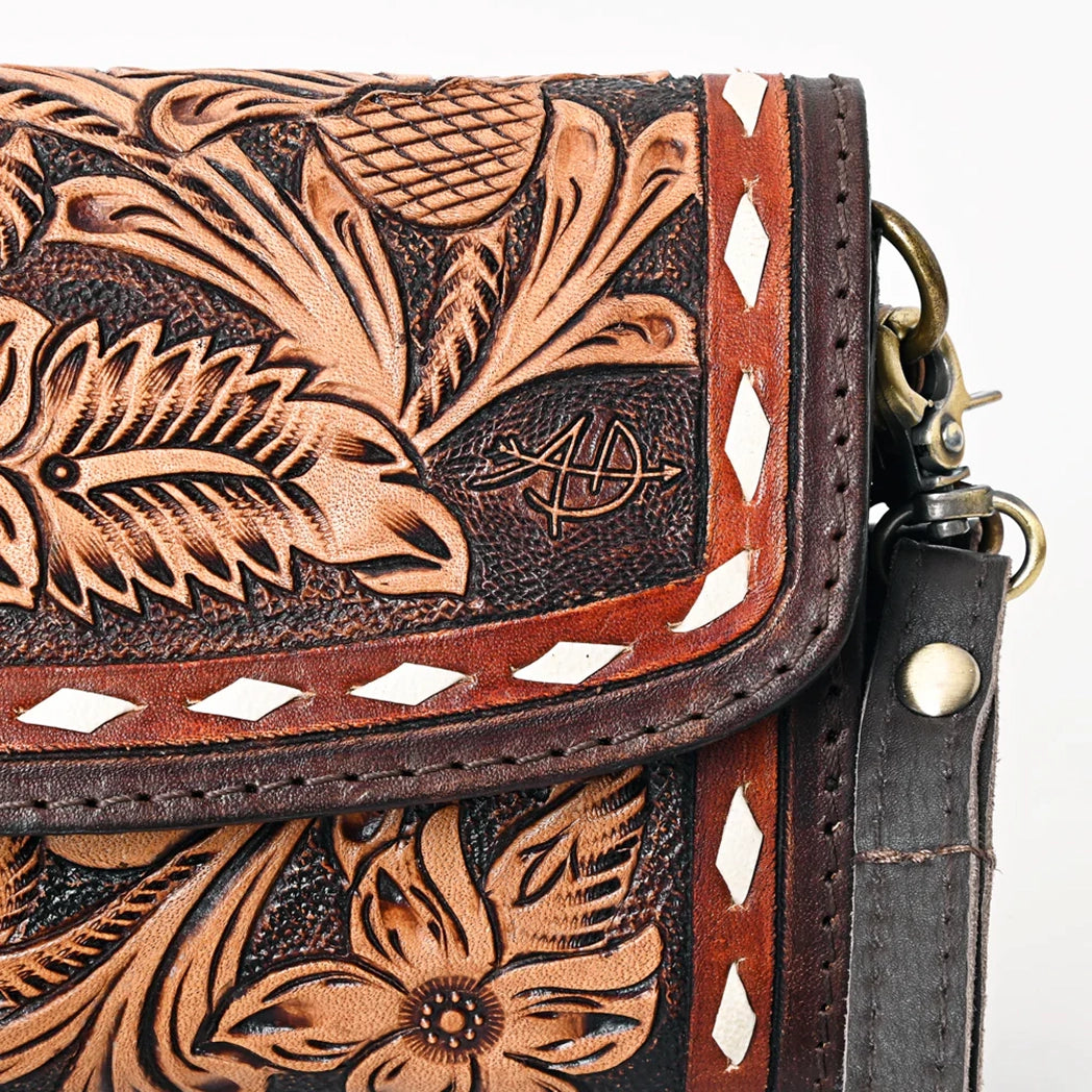 American Darling Hand-Tooled Buckstitch Leather Purse for Women - Vintage Western Style Crossbody Bag for Cowgirl, Rodeo & Country Fashion